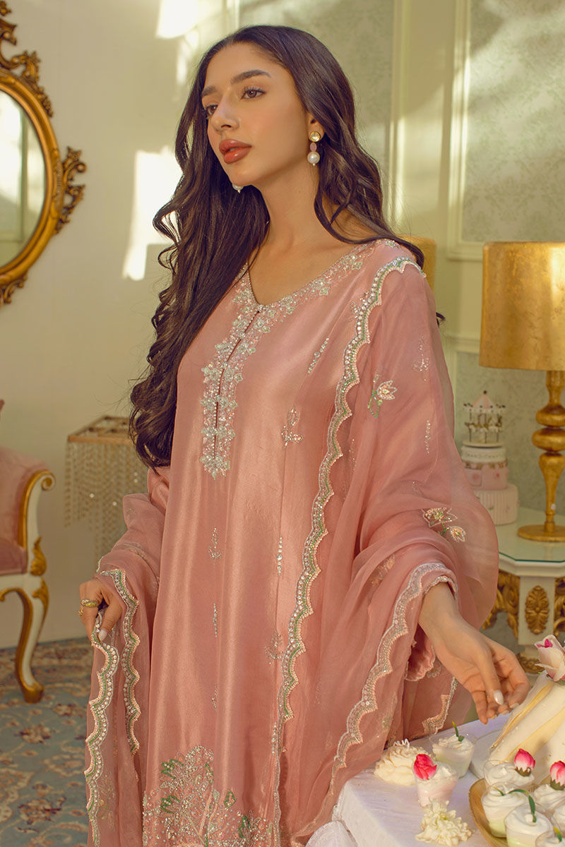 Pakistani Pastel Pink Cut Dana Raw Silk Salwar Kameez (3-Piece) - Image 2