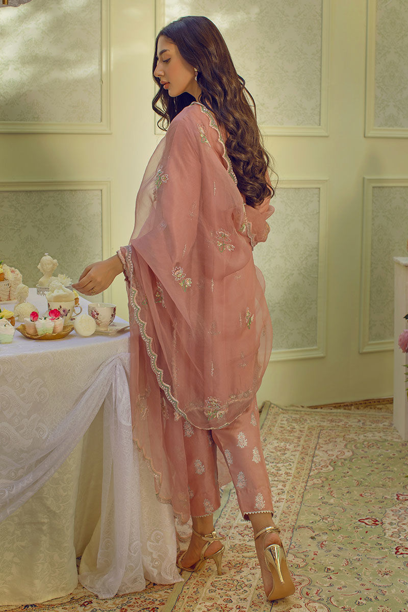 Pakistani Pastel Pink Cut Dana Raw Silk Salwar Kameez (3-Piece) - Image 3