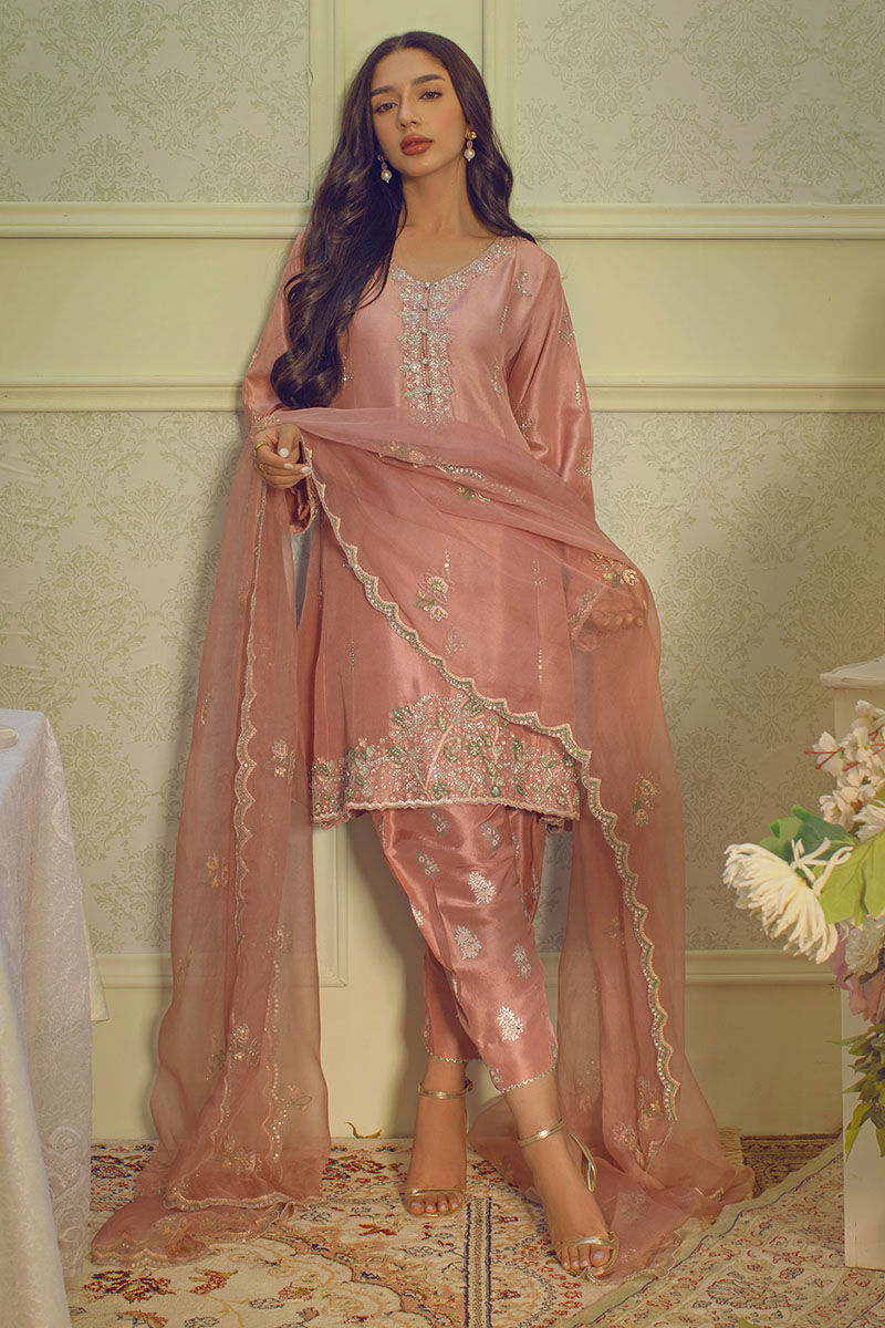 Pakistani Pastel Pink Cut Dana Raw Silk Salwar Kameez (3-Piece) - Image 4