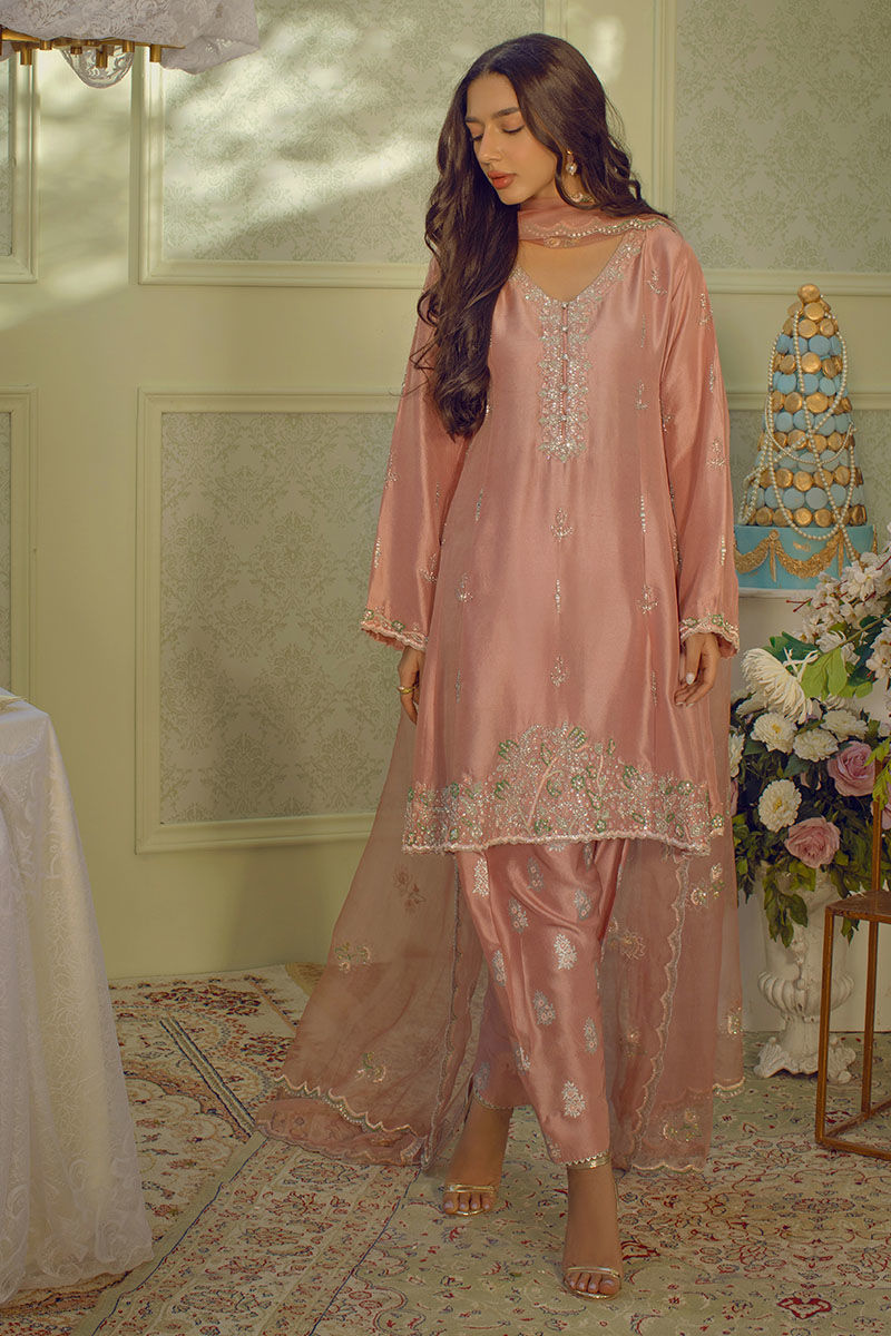 Pakistani Pastel Pink Cut Dana Raw Silk Salwar Kameez (3-Piece) - Image 6