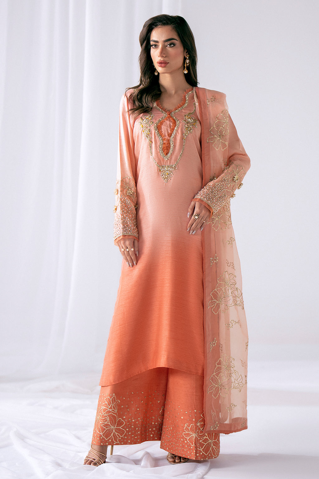 Peach to Pink Ombre Embroidered Silk Salwar Kameez (3-Piece) - Image 1