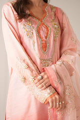 Peach to Pink Ombre Embroidered Silk Salwar Kameez (3-Piece) - Image 9
