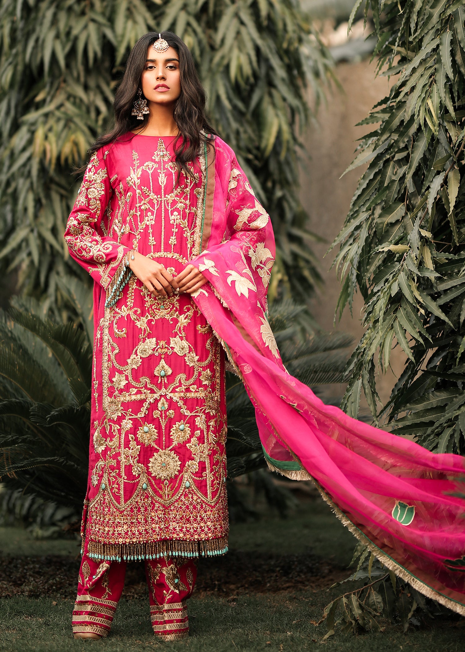 Pakistani Fuchsia Embellished Raw Silk Salwar Kameez (3-Piece) - Image 2