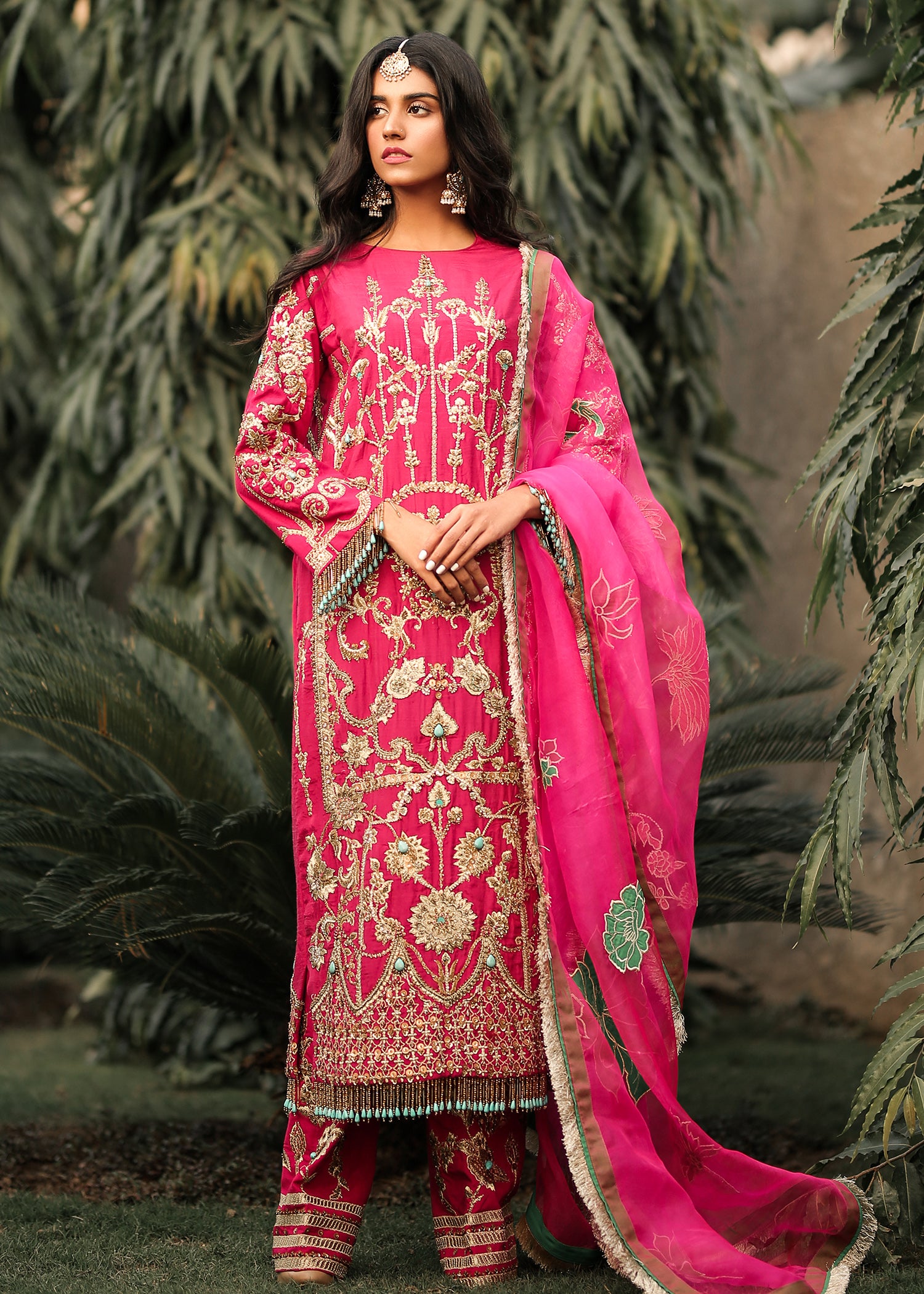 Pakistani Fuchsia Embroidered Raw Silk Salwar Kameez (3-Piece) - Image 1