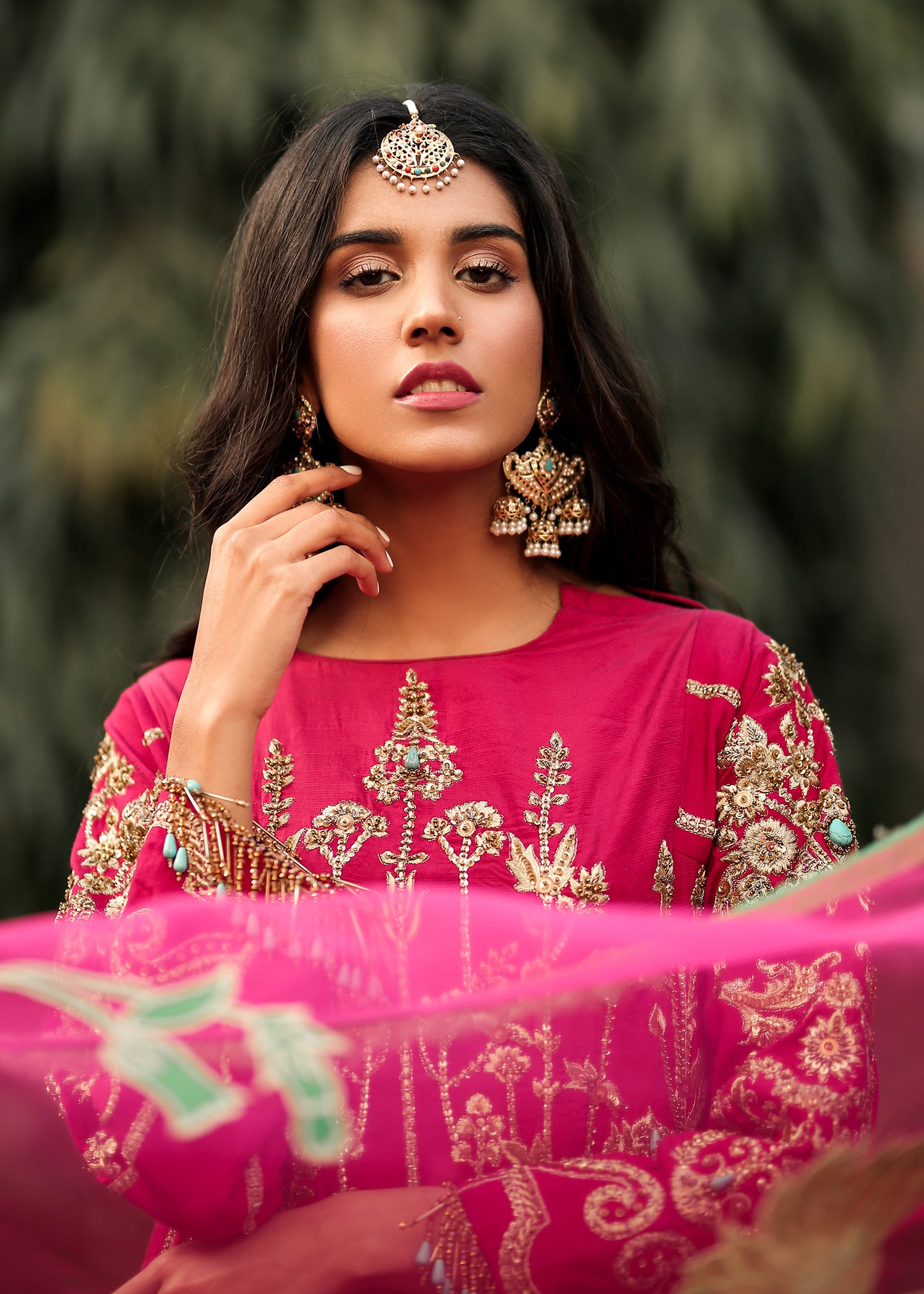 Pakistani Fuchsia Embroidered Raw Silk Salwar Kameez (3-Piece) - Image 3