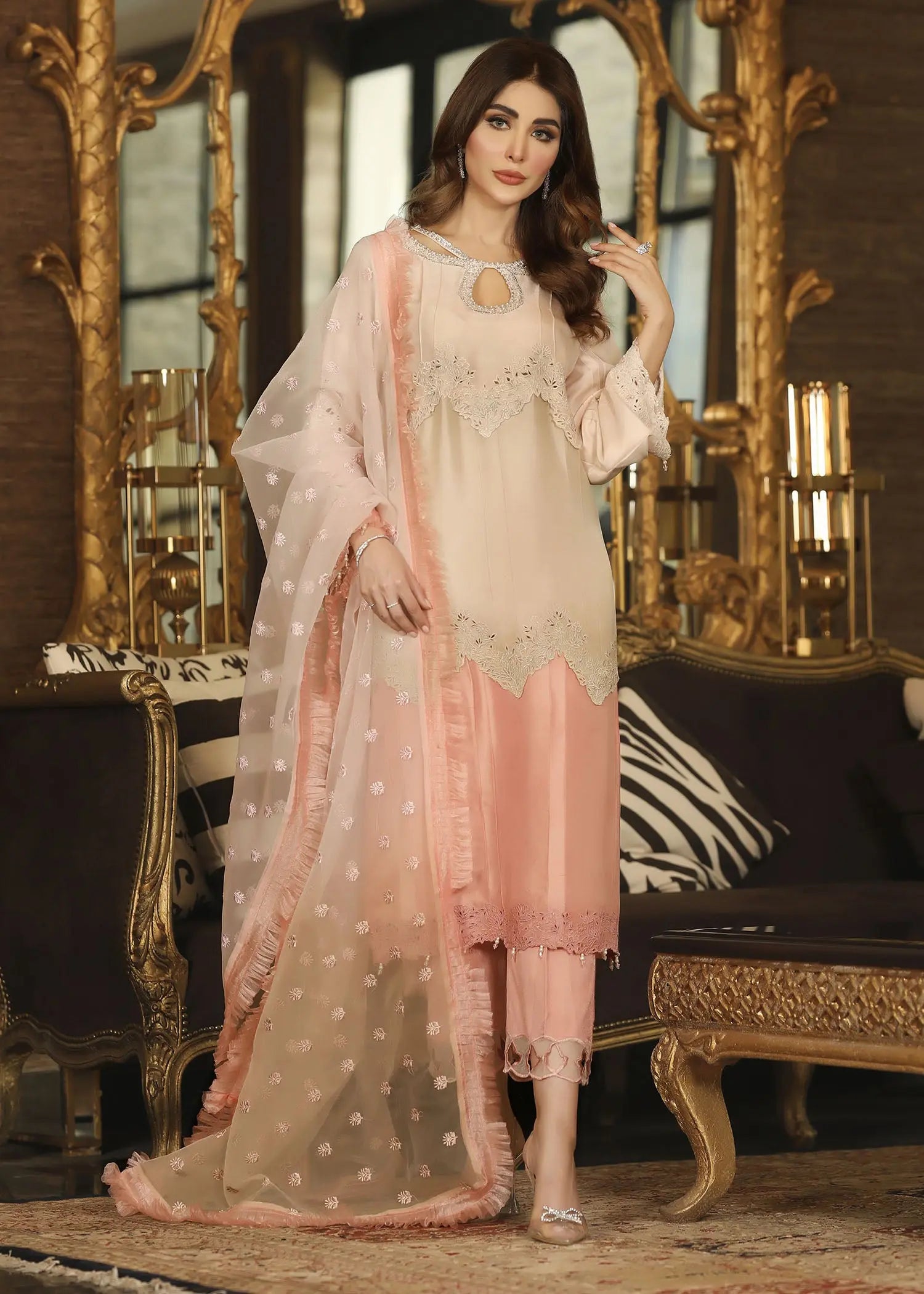 Pink Embroidered Raw Silk 3-Piece Salwar Kameez - Image 14