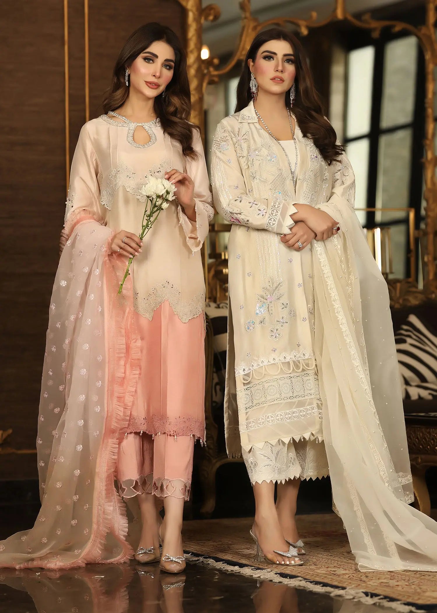 Pink Embroidered Raw Silk 3-Piece Salwar Kameez - Image 5