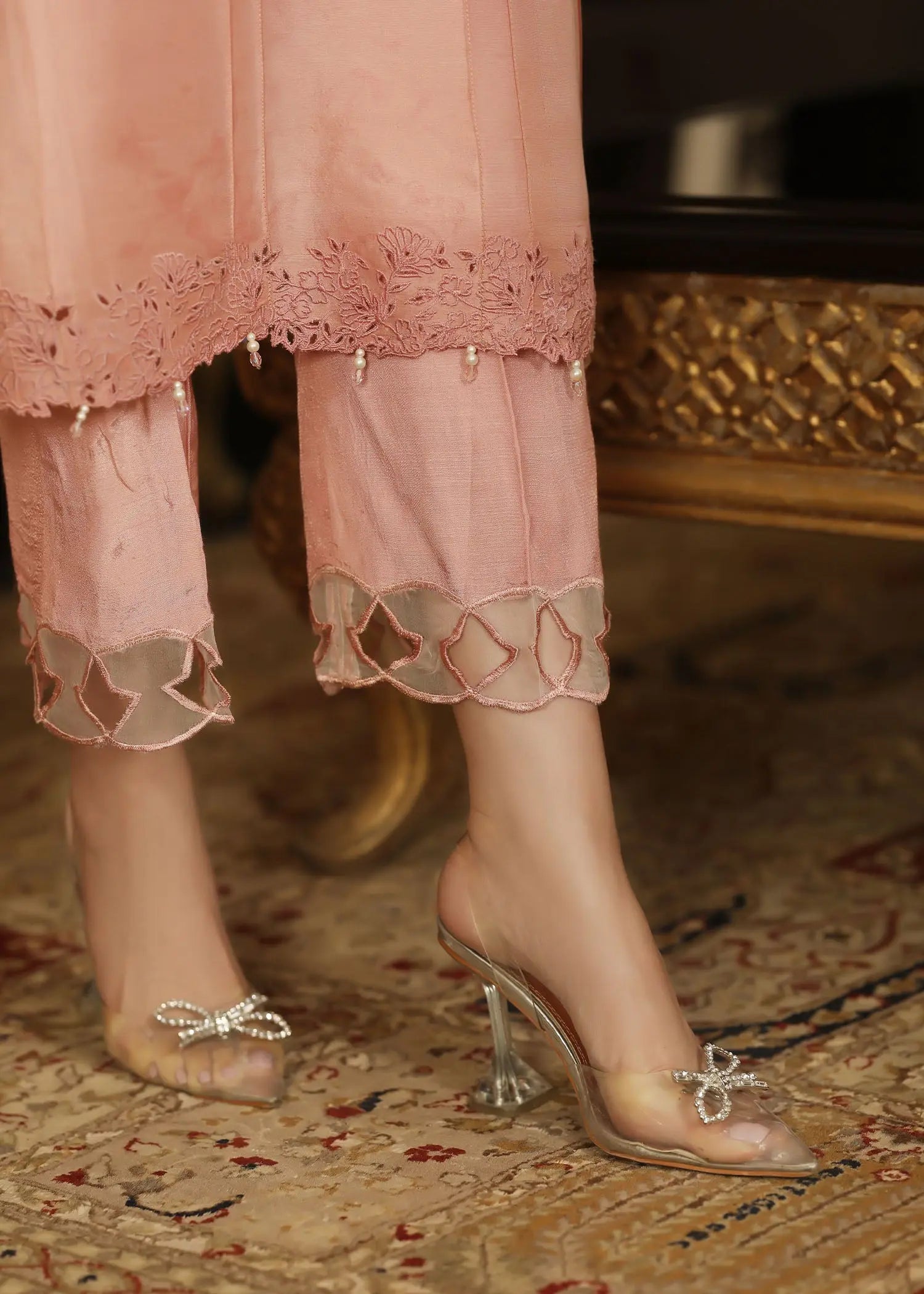 Pink Embroidered Raw Silk 3-Piece Salwar Kameez - Image 7