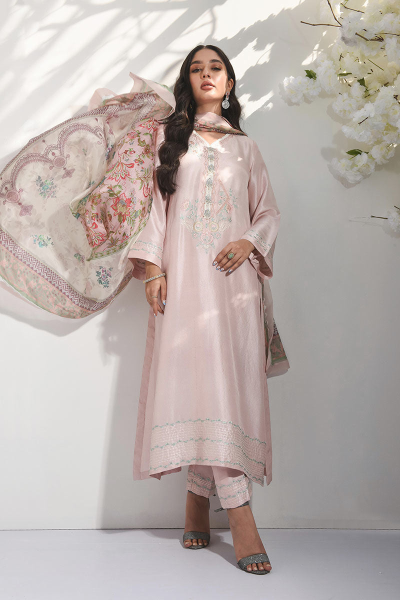 Pakistani Blush Pink Embroidered Raw Silk Salwar Kameez (2-Piece) - Image 1