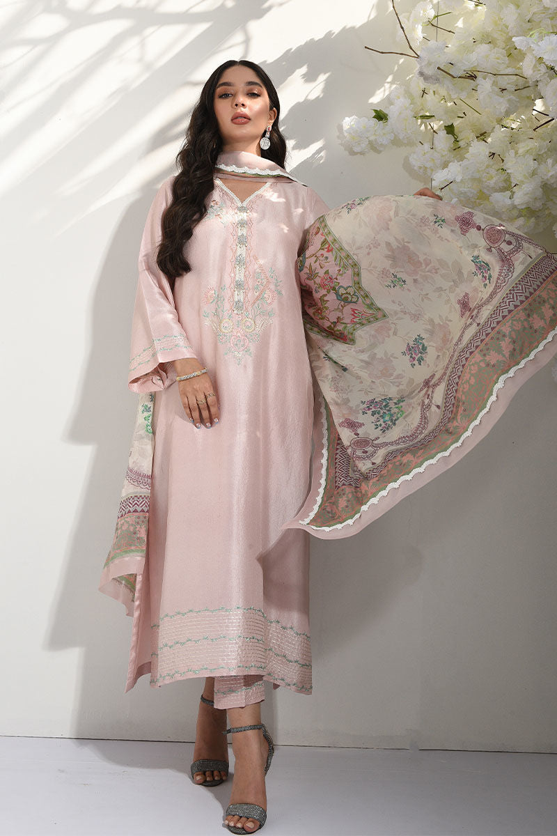 Pakistani Blush Pink Embroidered Raw Silk Salwar Kameez (2-Piece) - Image 3