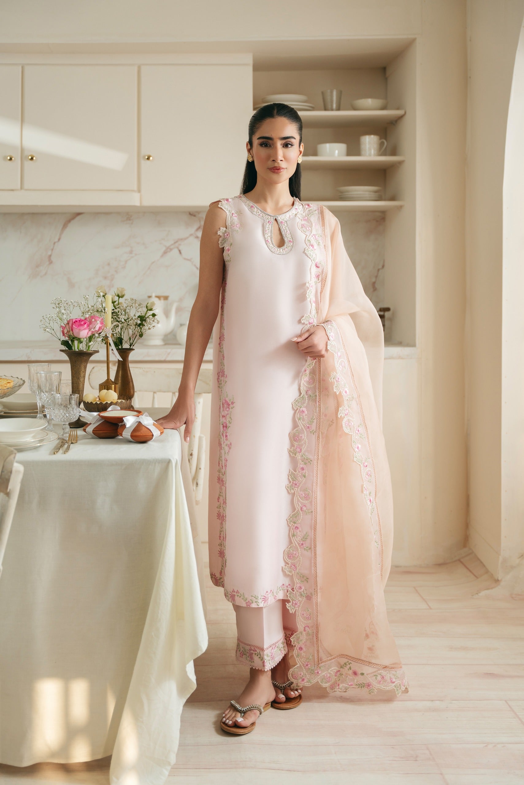 Pakistani Pastel Pink Embroidered Raw Silk Salwar Kameez (3-Piece) - Image 1
