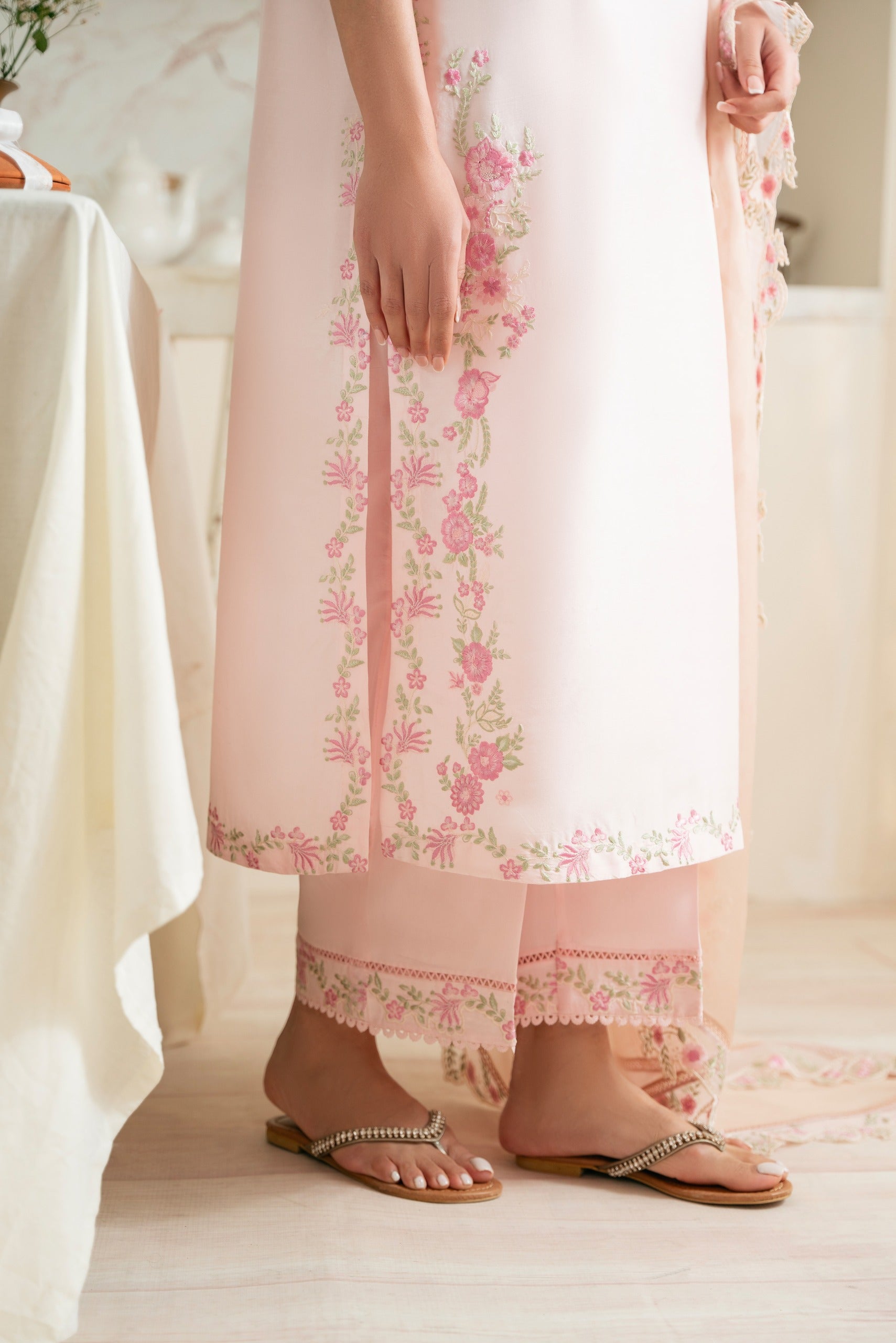 Pakistani Pastel Pink Embroidered Raw Silk Salwar Kameez (3-Piece) - Image 2