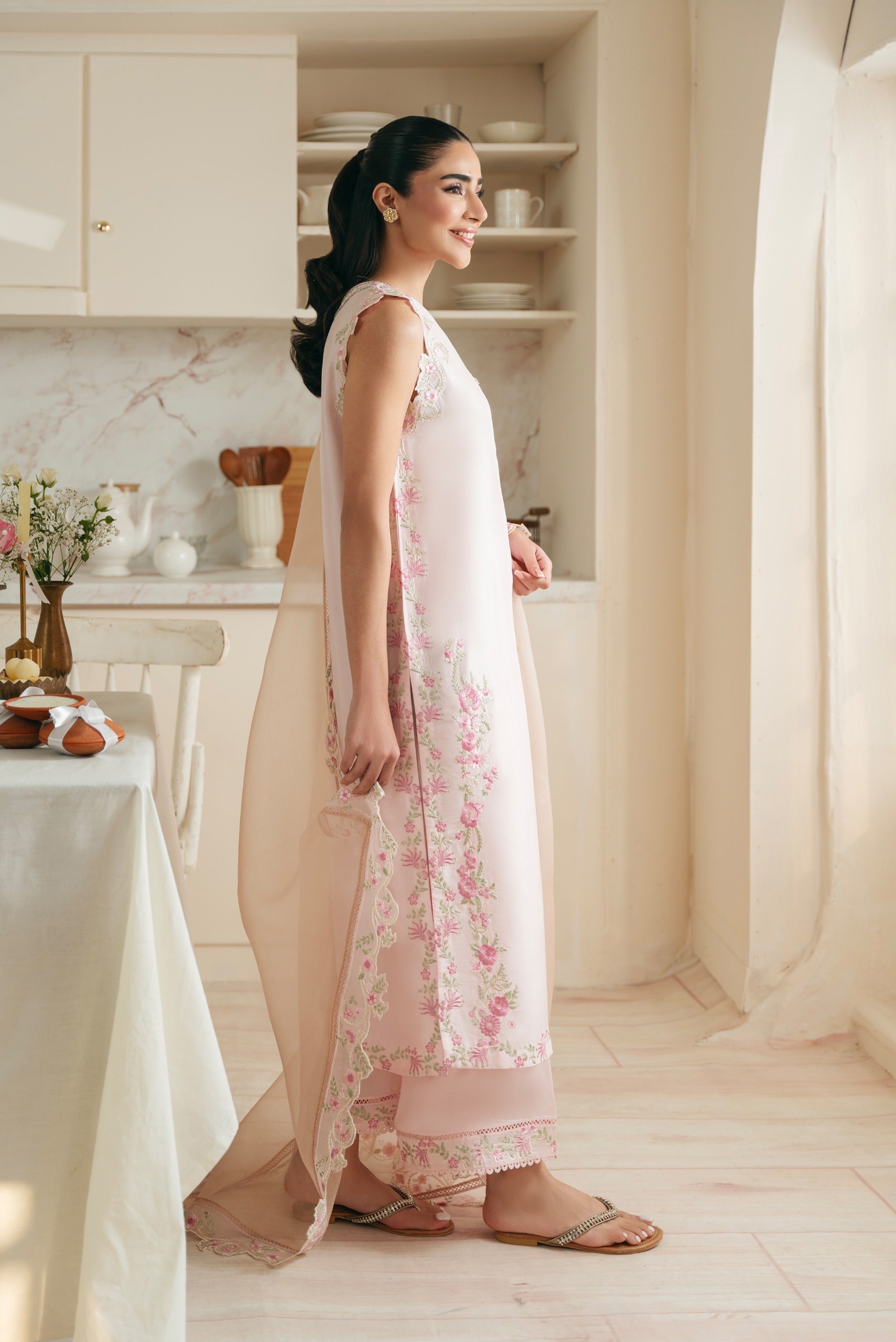 Pakistani Pastel Pink Embroidered Raw Silk Salwar Kameez (3-Piece) - Image 5