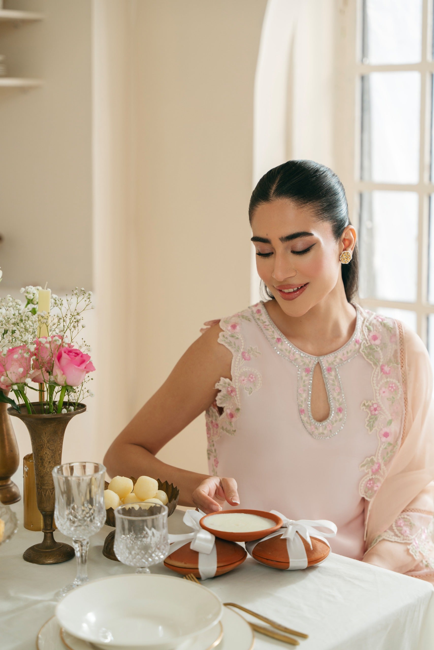 Pakistani Pastel Pink Embroidered Raw Silk Salwar Kameez (3-Piece) - Image 7