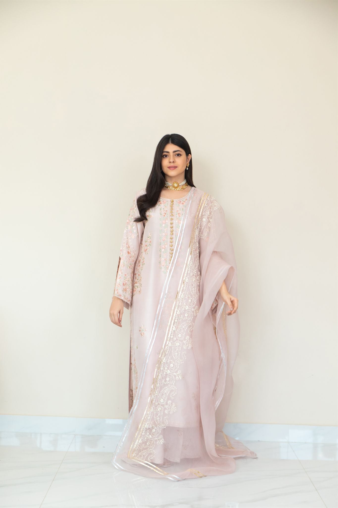 Pakistani Tea Pink Floral Embroidered Raw Silk Salwar Kameez (3-Piece) - Image 1
