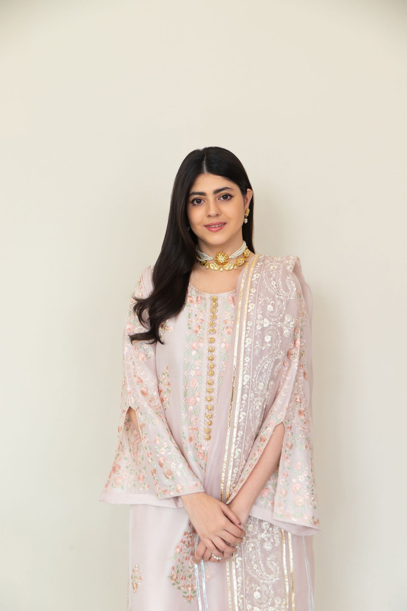 Pakistani Tea Pink Floral Embroidered Raw Silk Salwar Kameez (3-Piece) - Image 2