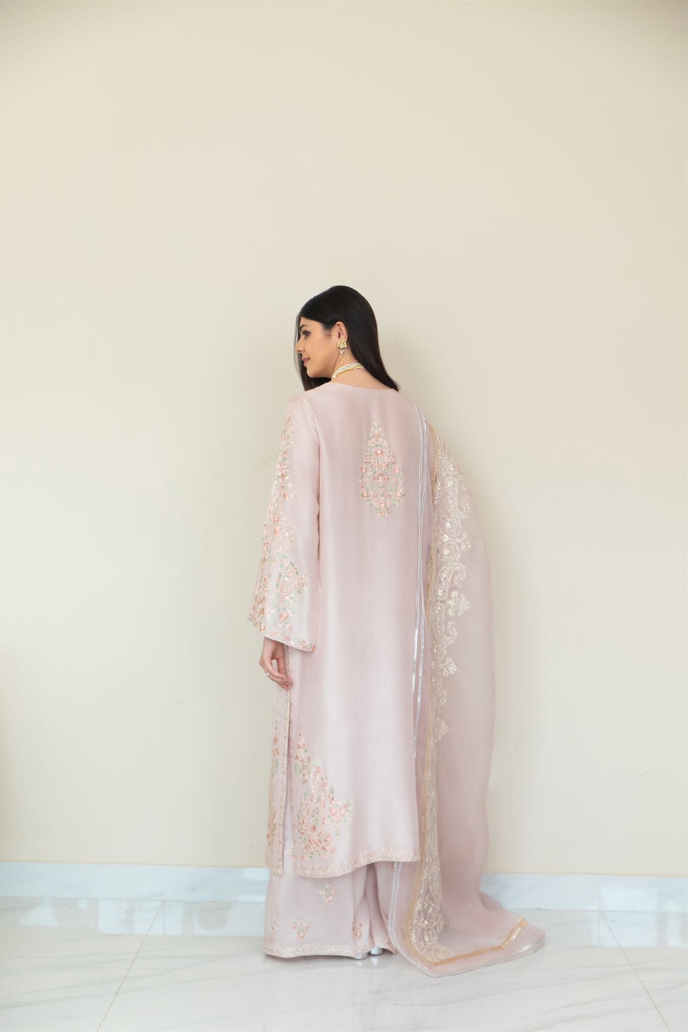 Pakistani Tea Pink Floral Embroidered Raw Silk Salwar Kameez (3-Piece) - Image 3