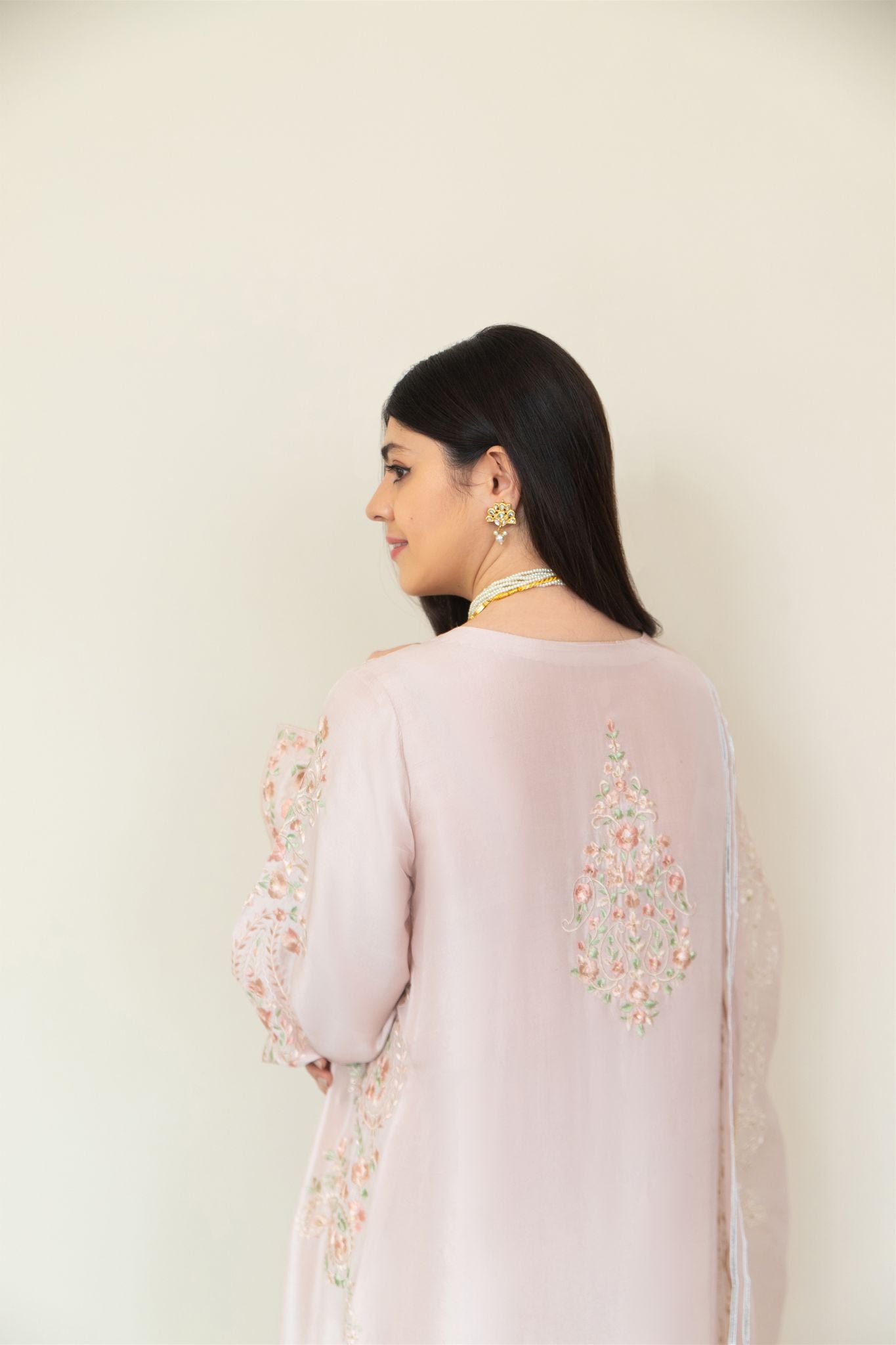 Pakistani Tea Pink Floral Embroidered Raw Silk Salwar Kameez (3-Piece) - Image 4