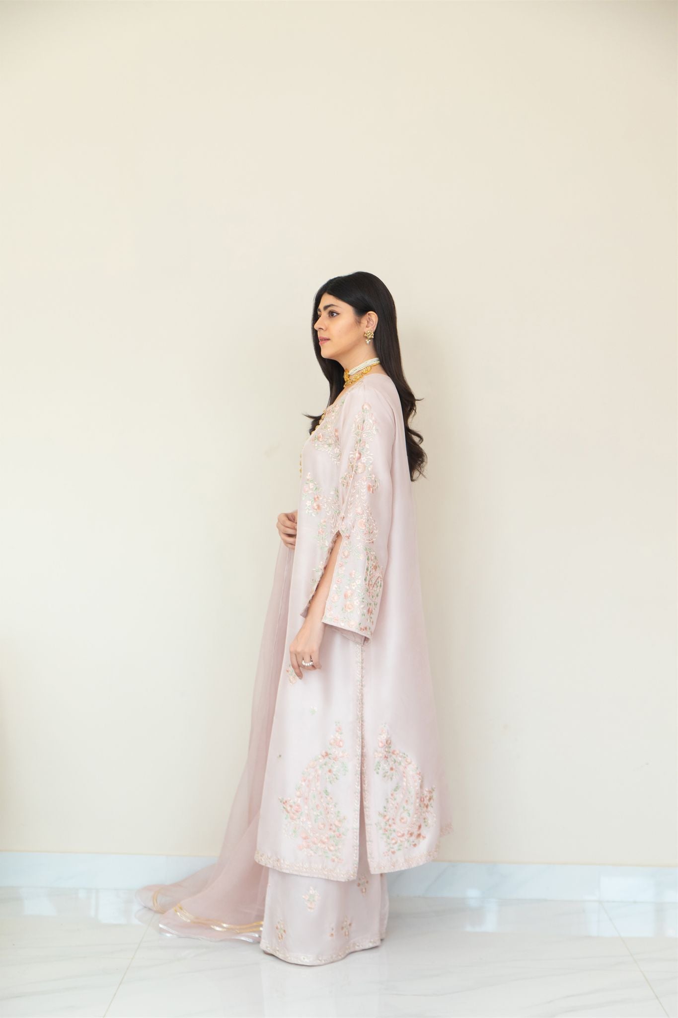 Pakistani Tea Pink Floral Embroidered Raw Silk Salwar Kameez (3-Piece) - Image 5