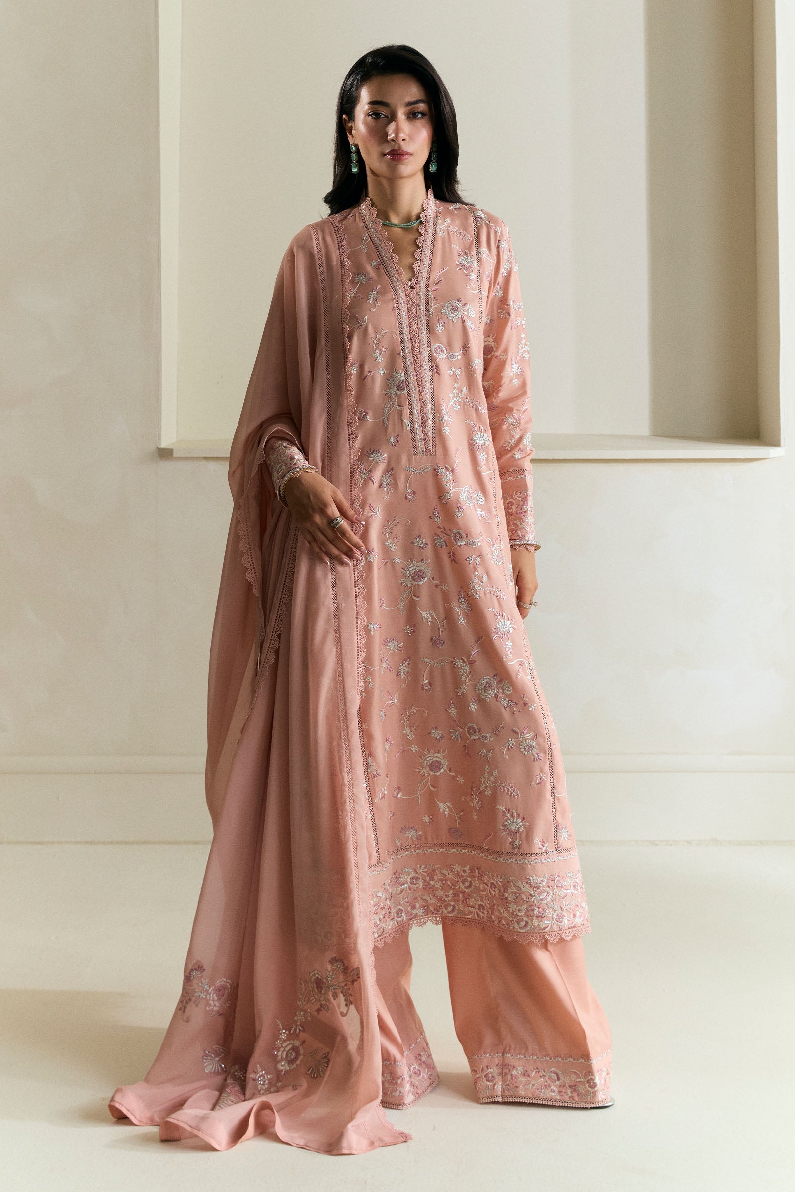 Peachy Pink Gara Embroidered Raw Silk Salwar Kameez (3-Piece) - Image 1