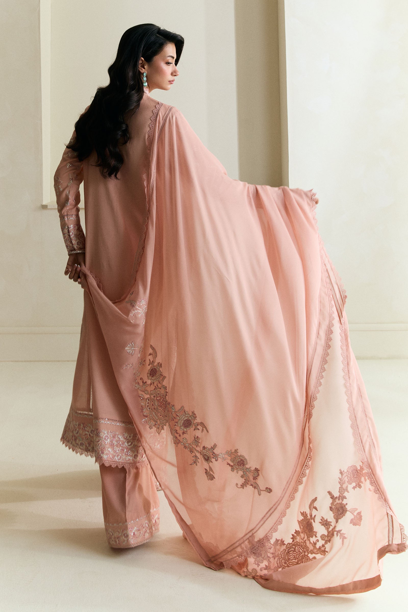 Peachy Pink Gara Embroidered Raw Silk Salwar Kameez (3-Piece) - Image 2