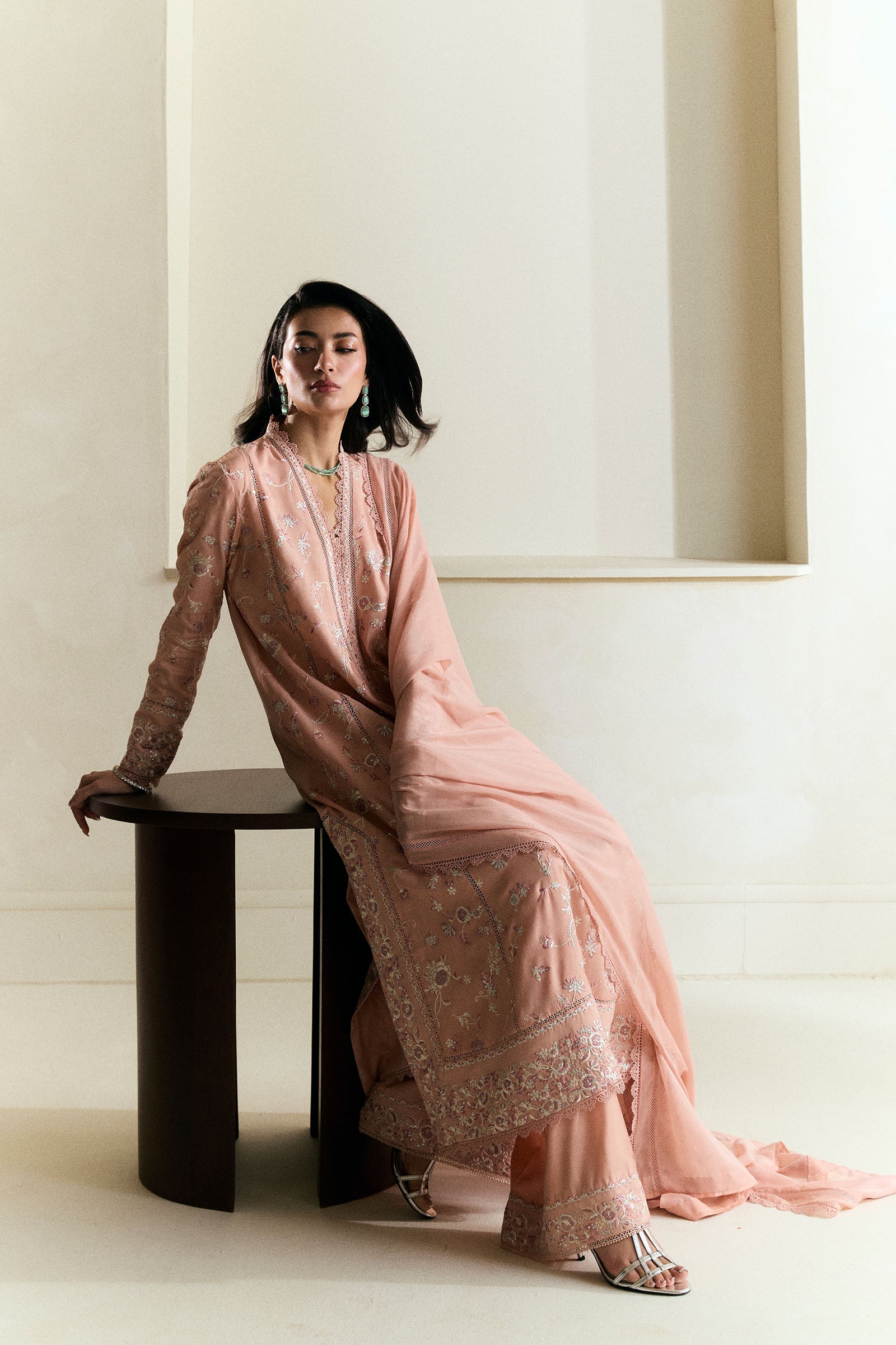 Peachy Pink Gara Embroidered Raw Silk Salwar Kameez (3-Piece) - Image 3