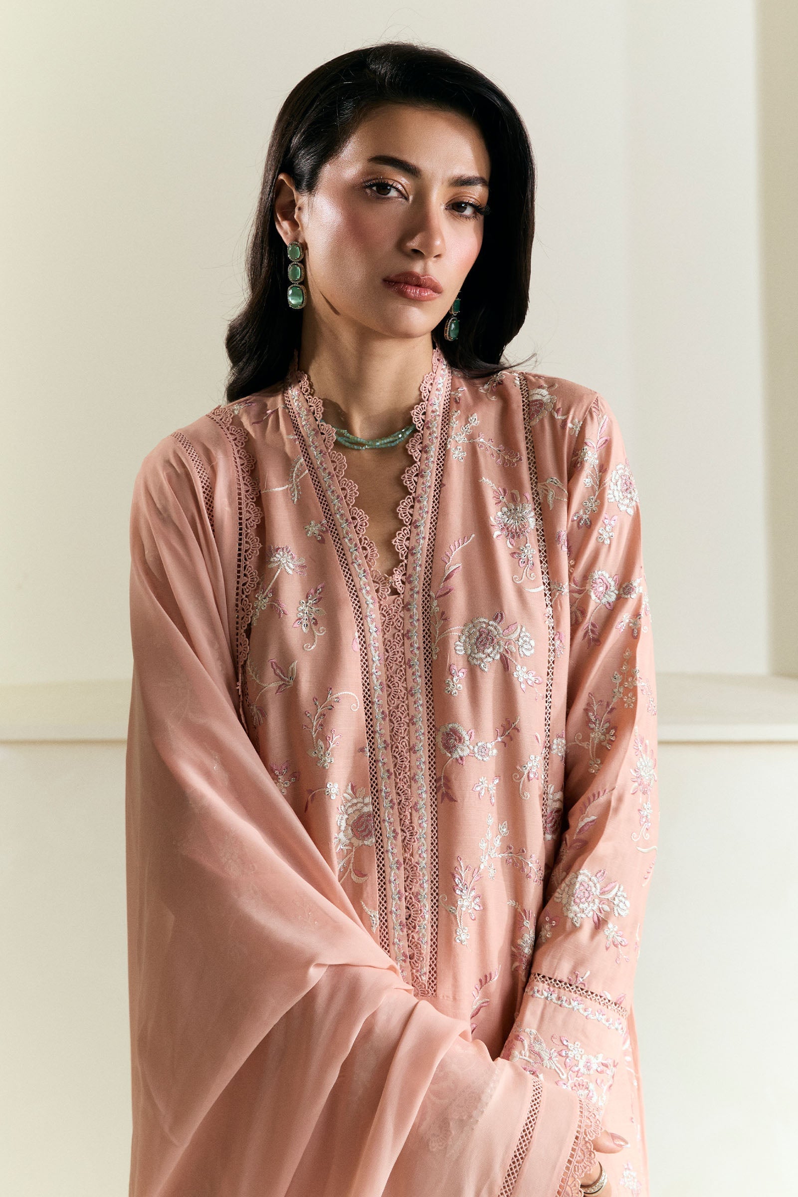 Peachy Pink Gara Embroidered Raw Silk Salwar Kameez (3-Piece) - Image 4