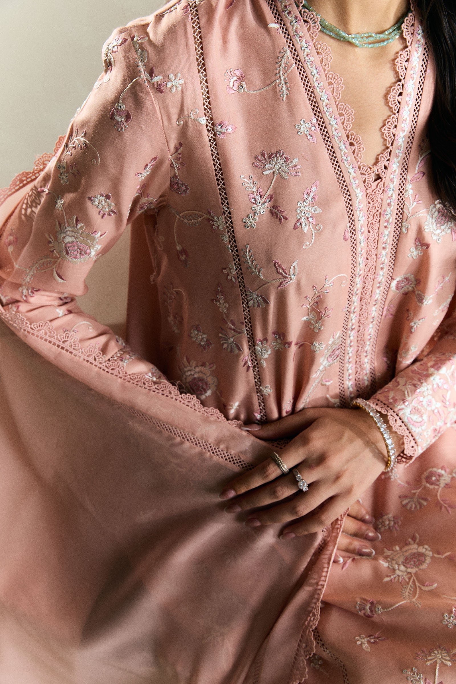 Peachy Pink Gara Embroidered Raw Silk Salwar Kameez (3-Piece) - Image 6