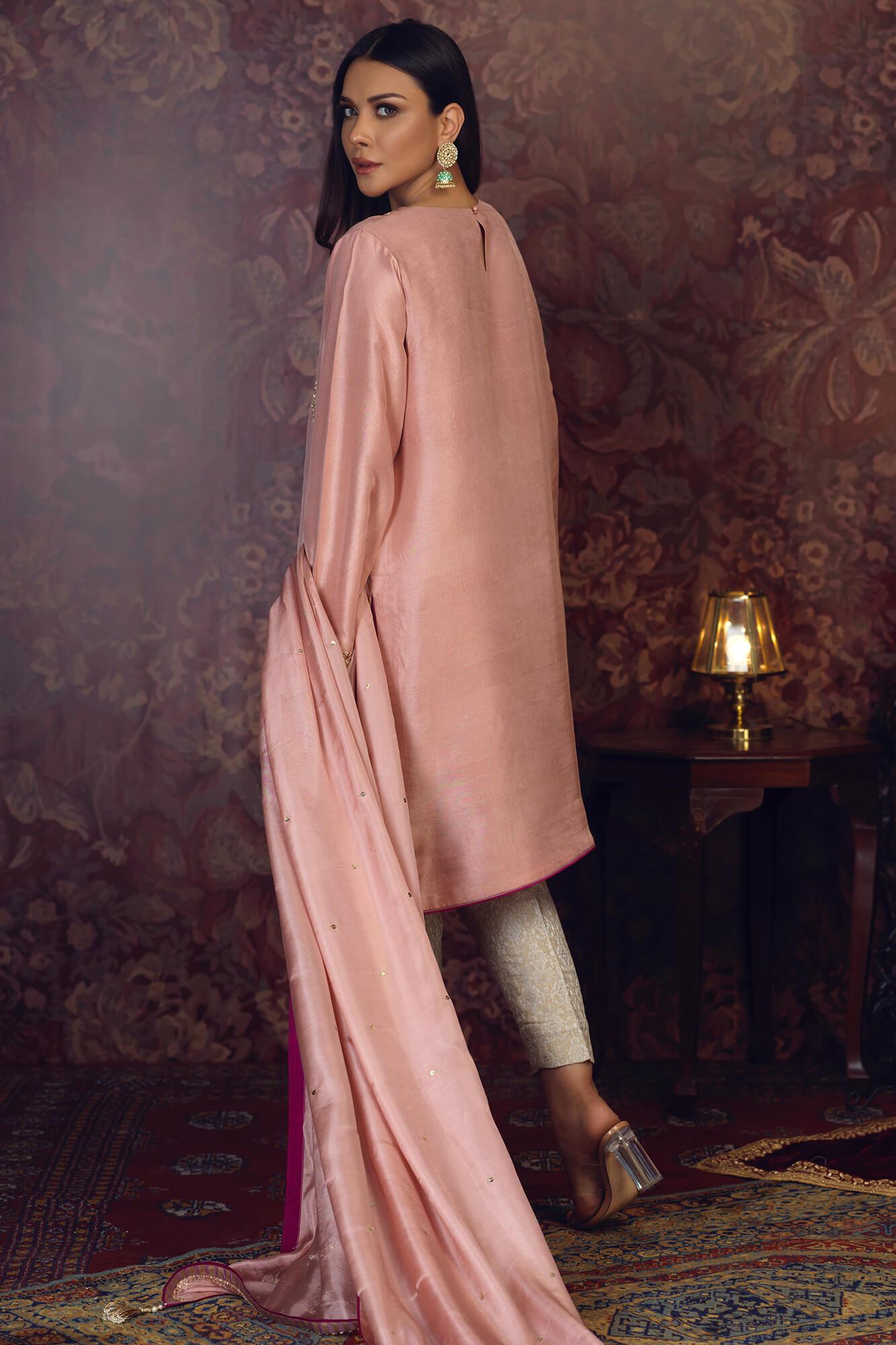 Blush Pink Embroidered PK Raw Silk Salwar Kameez (3-Piece) - Image 3