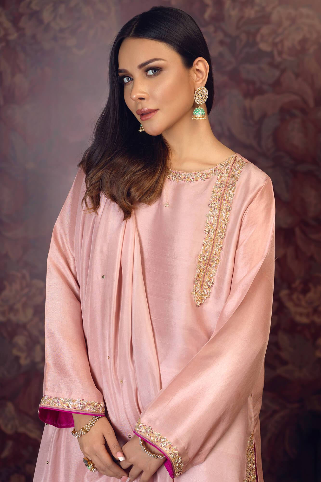 Blush Pink Embroidered PK Raw Silk Salwar Kameez (3-Piece) - Image 4