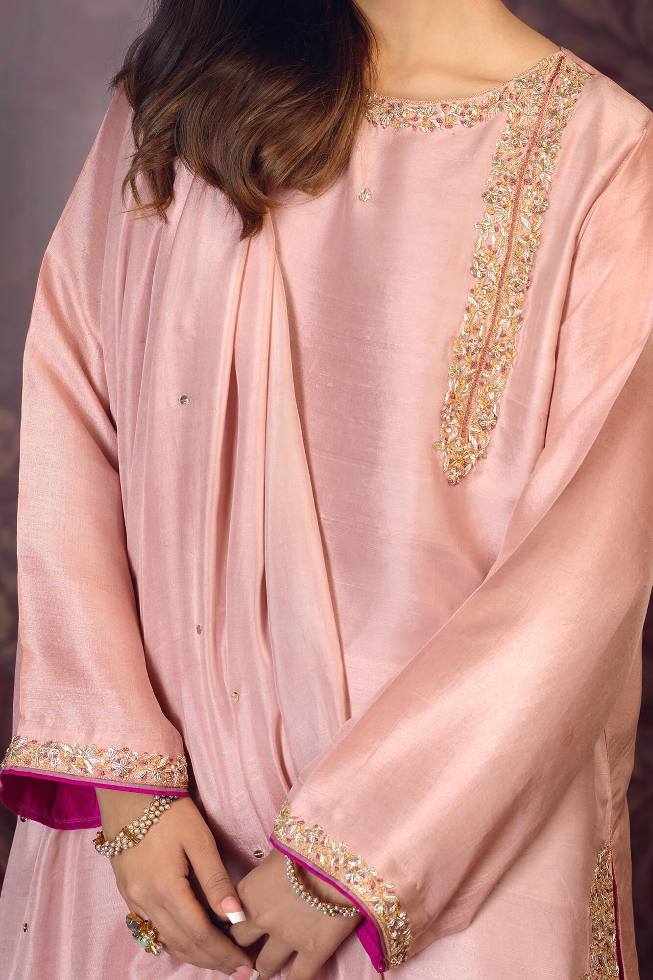 Blush Pink Embroidered PK Raw Silk Salwar Kameez (3-Piece) - Image 5