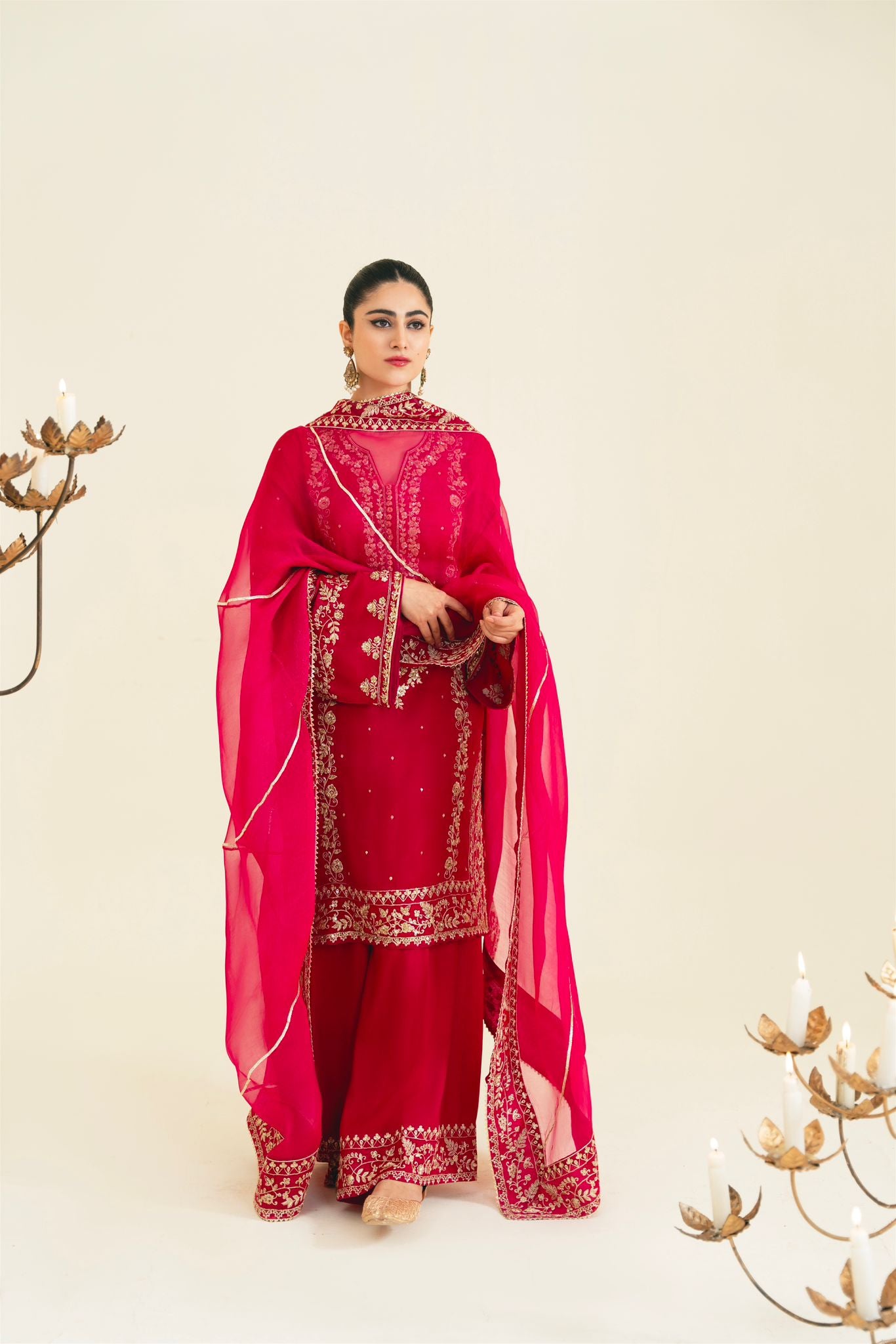 Magenta Embellished Raw Silk Farshi Set (3-Piece) - Image 1