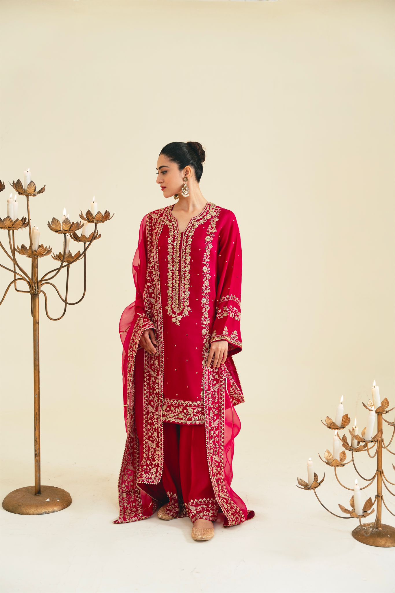 Magenta Embellished Raw Silk Farshi Set (3-Piece) - Image 4