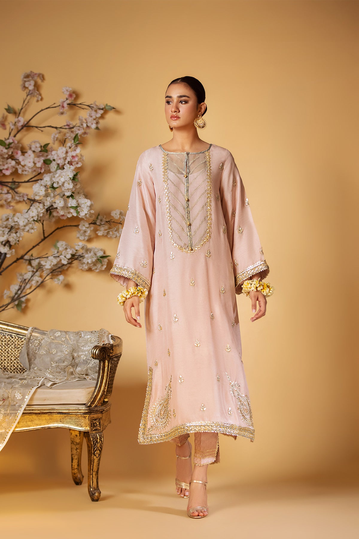 Pakistani Powder Pink Gota Resham Raw Silk Salwar Kameez (2-Piece) - Image 1