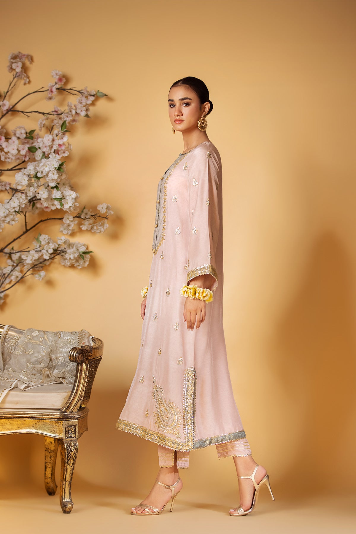 Pakistani Powder Pink Gota Resham Raw Silk Salwar Kameez (2-Piece) - Image 2
