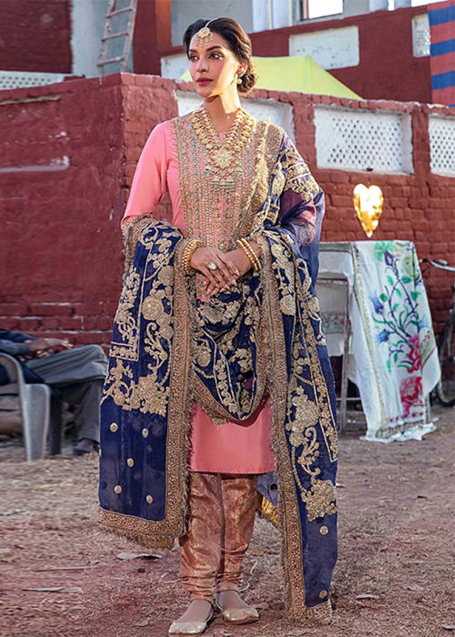 Pakistani Pink Embroidered Raw Silk Salwar Kameez (3-Piece) - Image 1