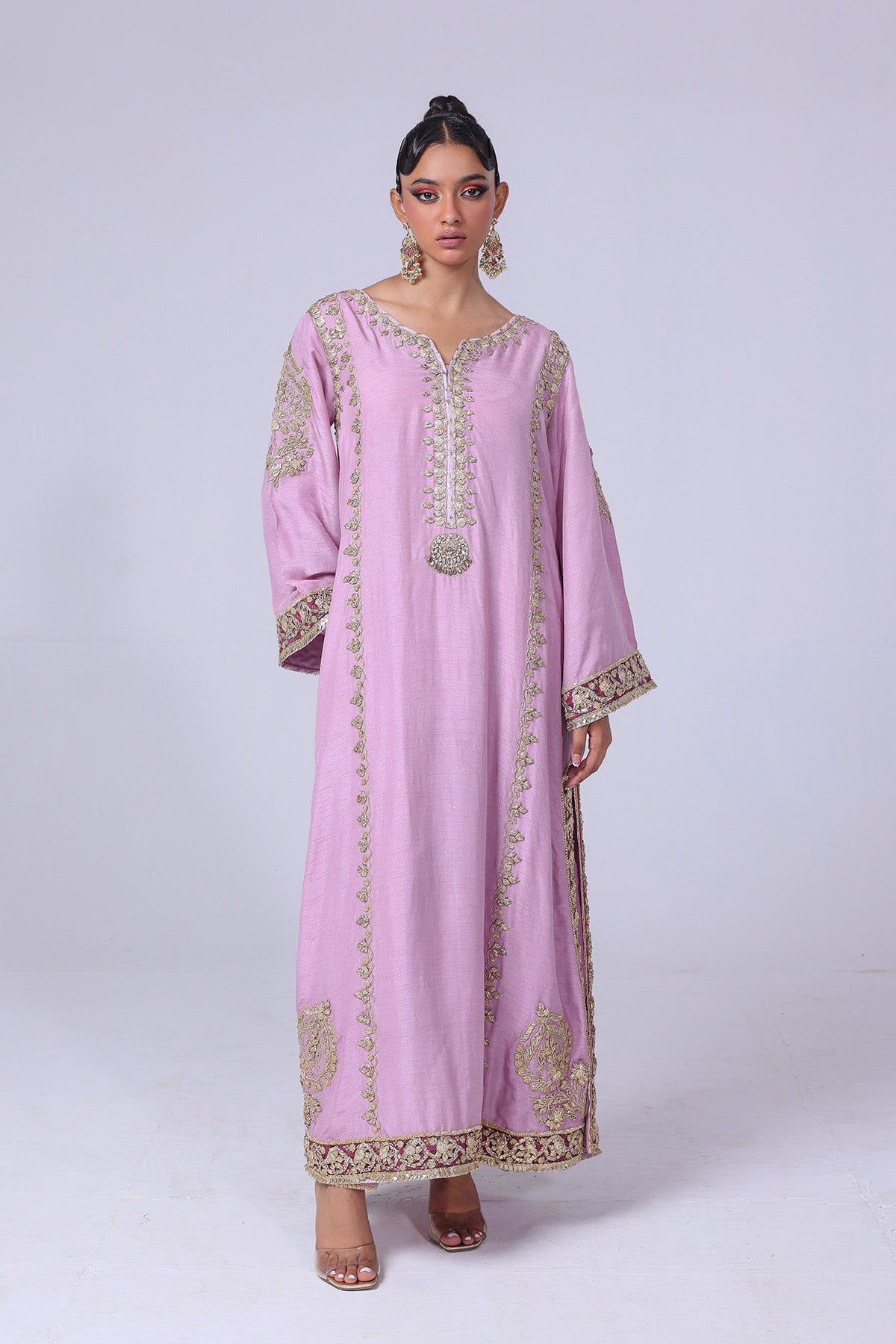 Pakistani Lilac Pink Gota Embroidered Raw Silk Kurta (2-Piece) - Image 1