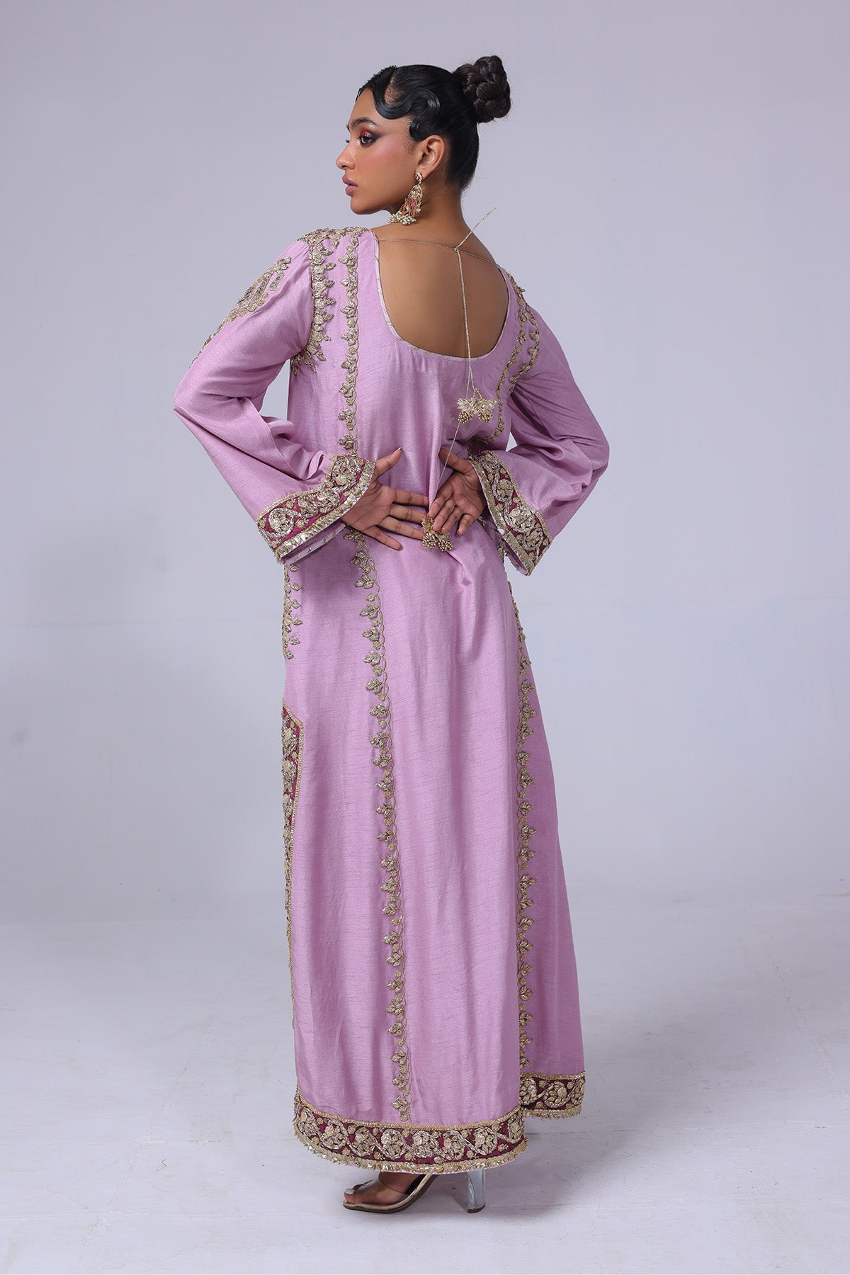 Pakistani Lilac Pink Gota Embroidered Raw Silk Kurta (2-Piece) - Image 2