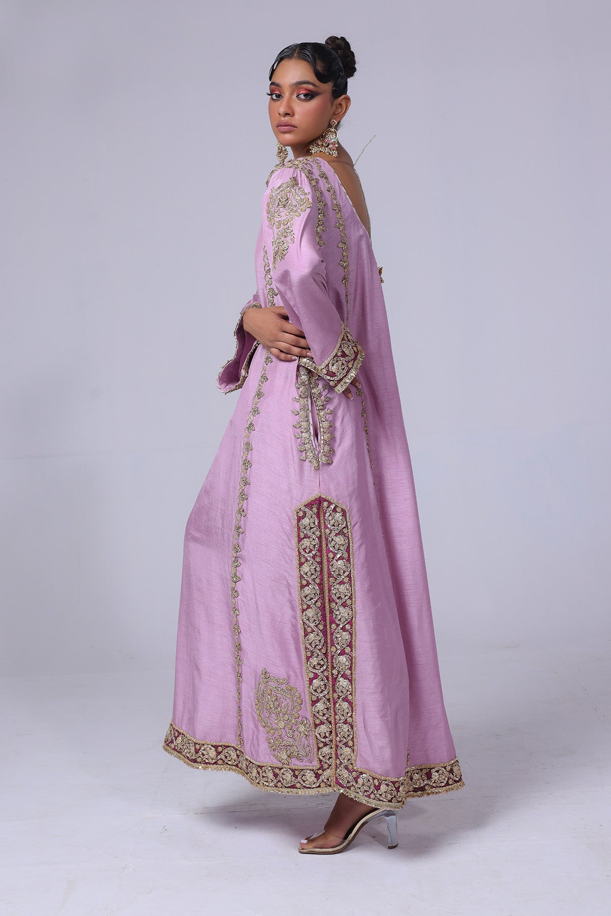 Pakistani Lilac Pink Gota Embroidered Raw Silk Kurta (2-Piece) - Image 3