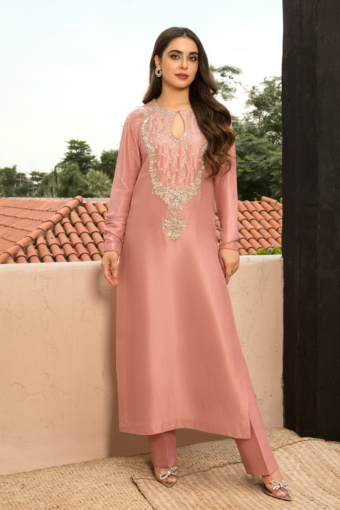 Dusty Rose Hand Embellished Raw Silk Salwar Kameez (3-Piece) - Image 1