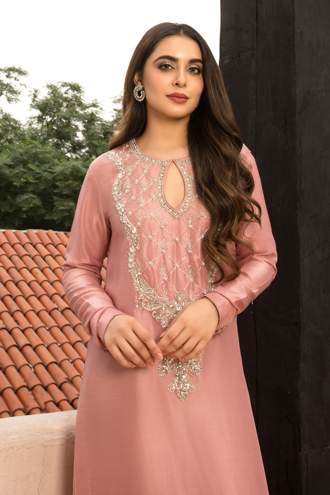 Dusty Rose Hand Embellished Raw Silk Salwar Kameez (3-Piece) - Image 2