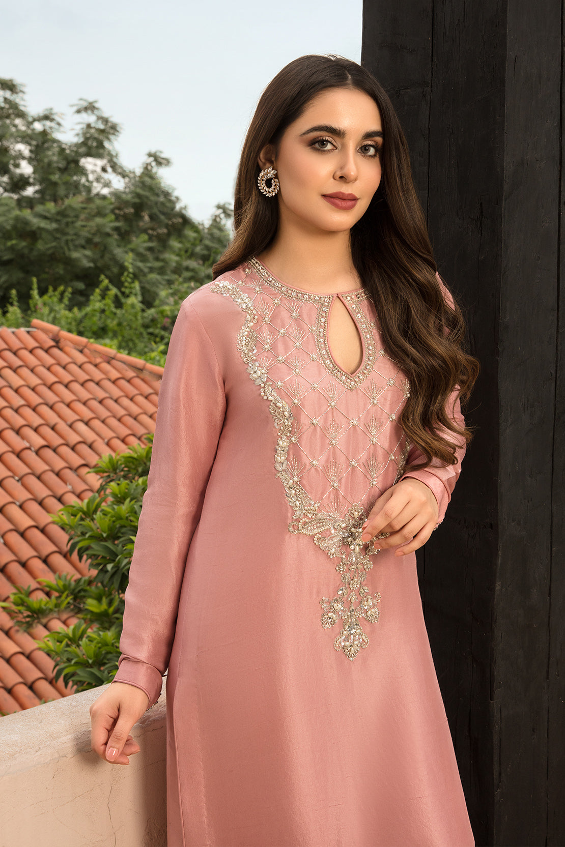 Dusty Rose Hand Embellished Raw Silk Salwar Kameez (3-Piece) - Image 3