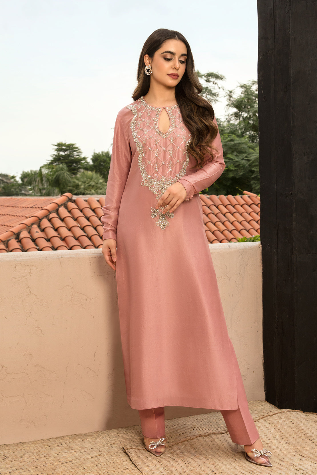 Dusty Rose Hand Embellished Raw Silk Salwar Kameez (3-Piece) - Image 4