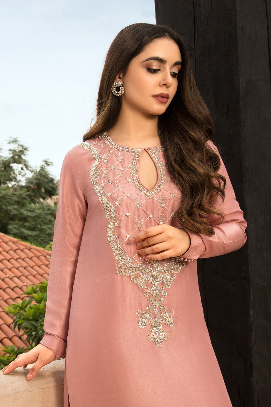 Dusty Rose Hand Embellished Raw Silk Salwar Kameez (3-Piece) - Image 6