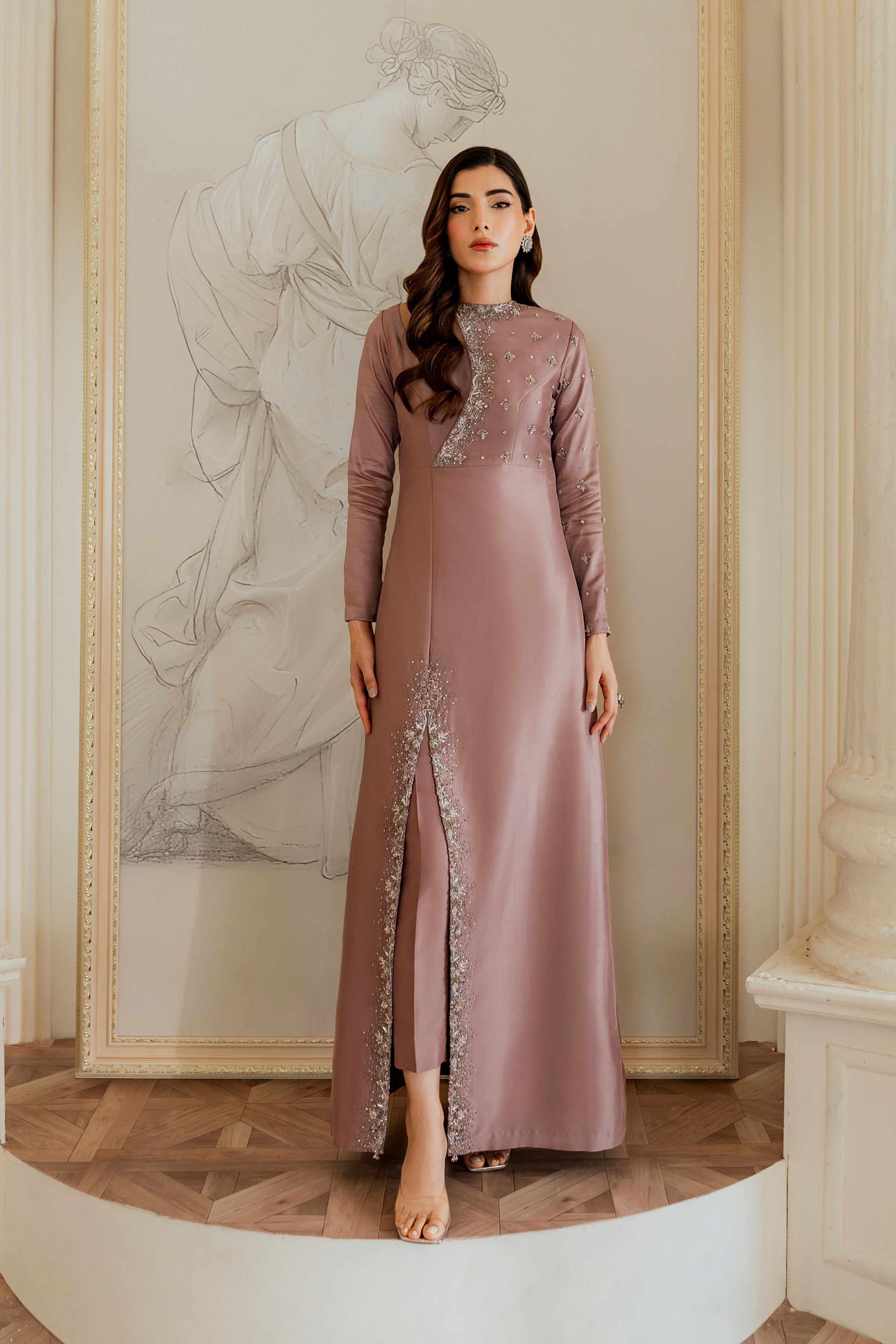 Pakistani Mauve Hand Embellished Pure Raw Silk Long Dress (2-Piece) - Image 1