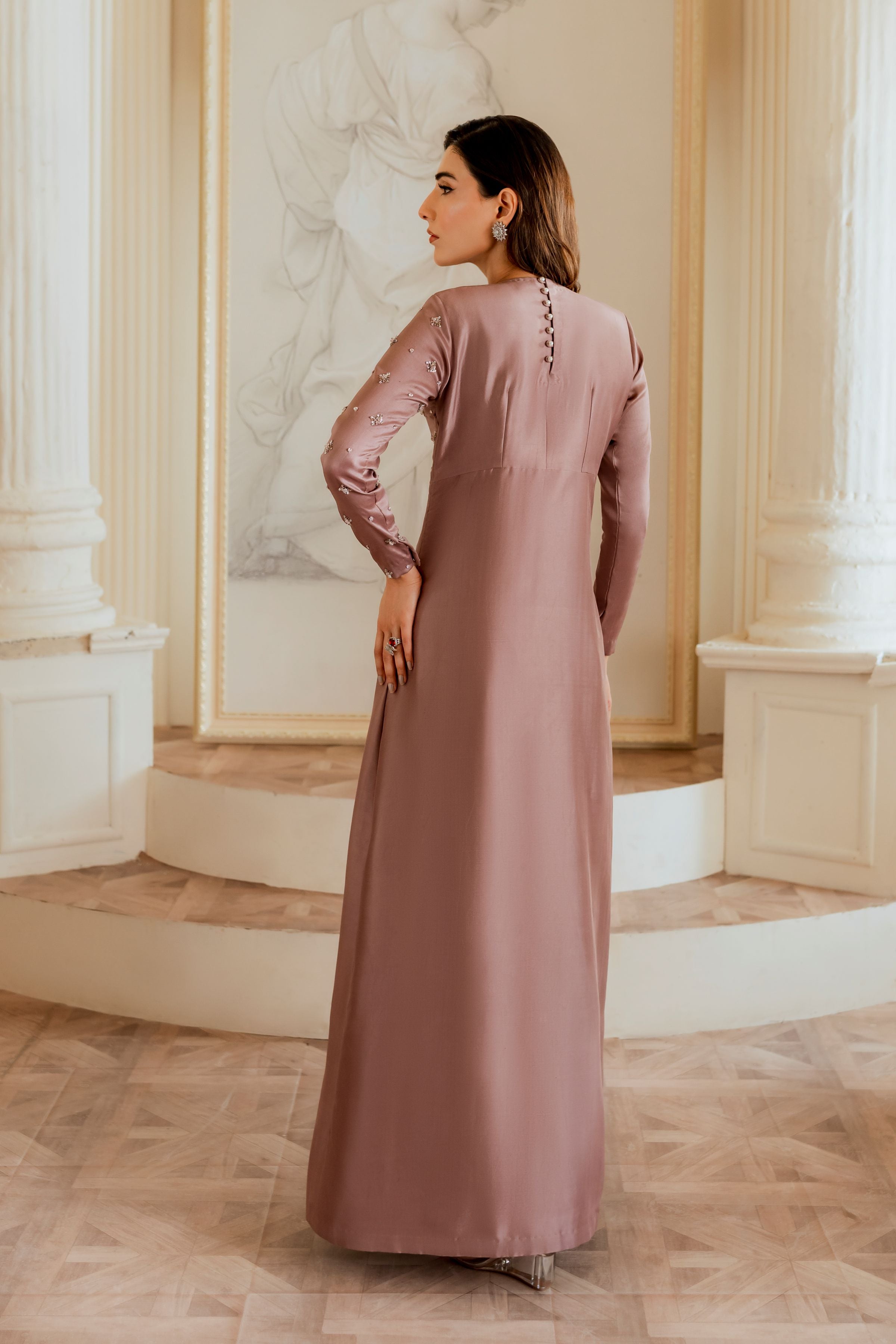 Pakistani Mauve Hand Embellished Pure Raw Silk Long Dress (2-Piece) - Image 3