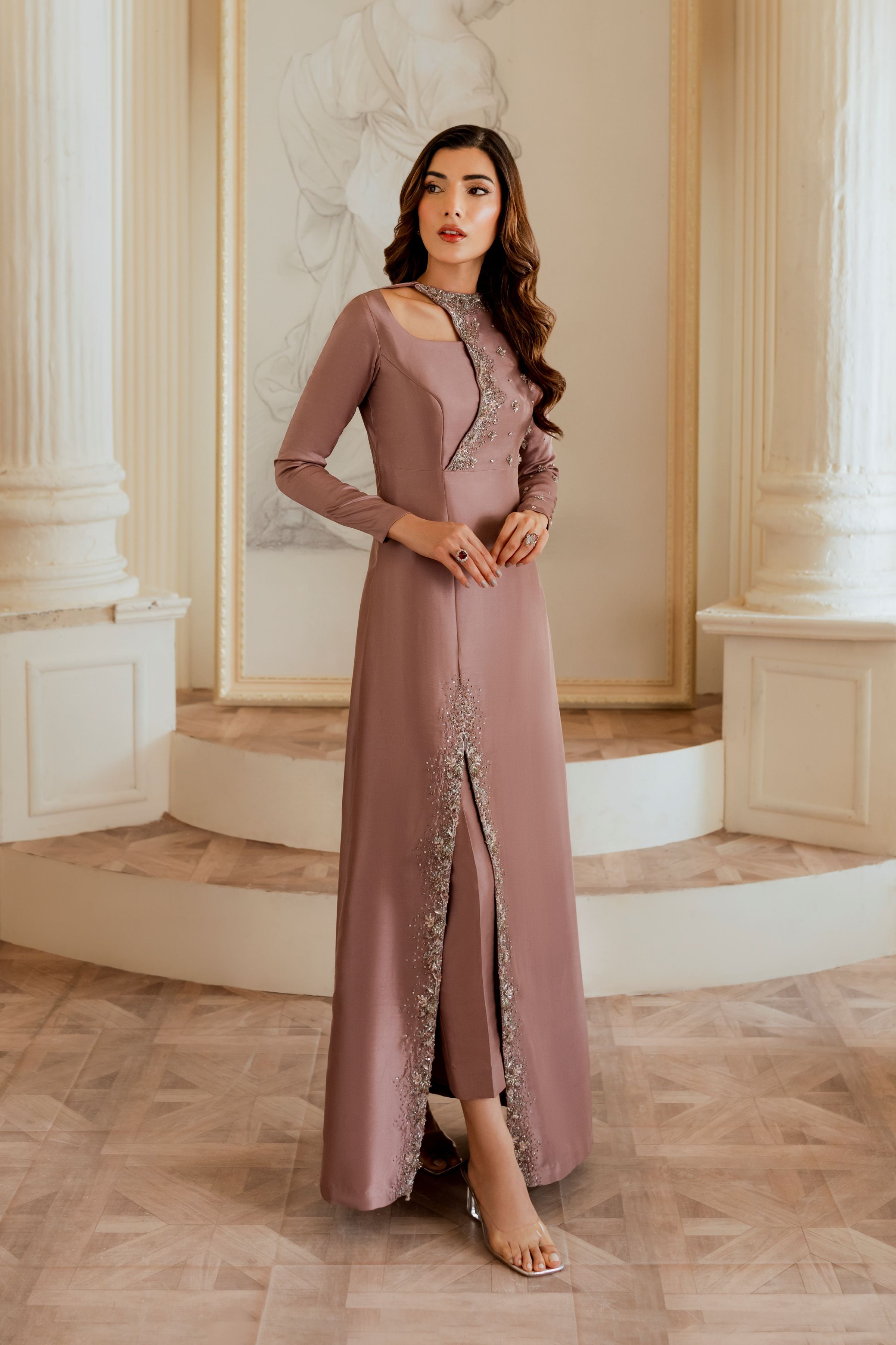 Pakistani Mauve Hand Embellished Pure Raw Silk Long Dress (2-Piece) - Image 4