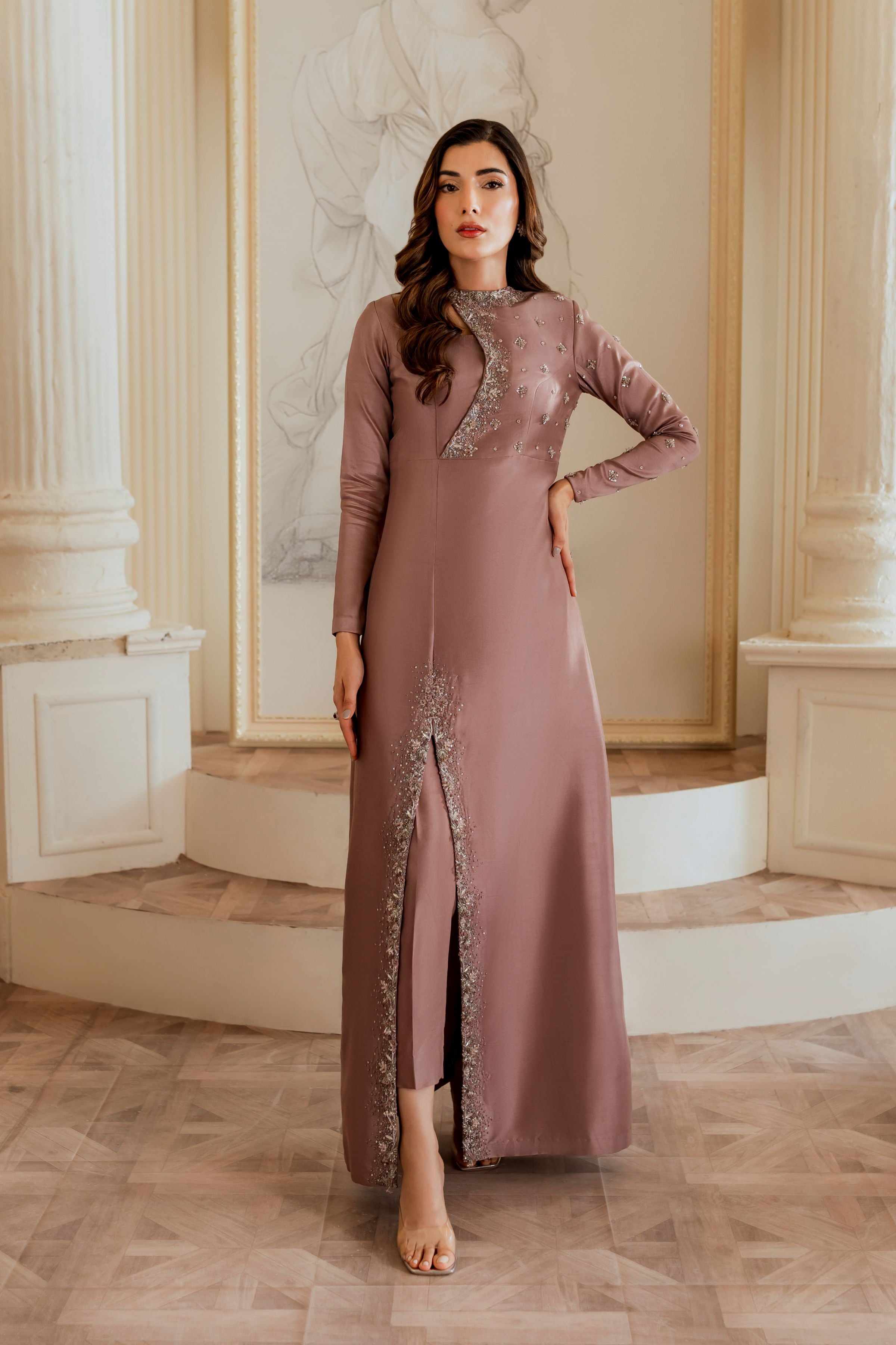 Pakistani Mauve Hand Embellished Pure Raw Silk Long Dress (2-Piece) - Image 5