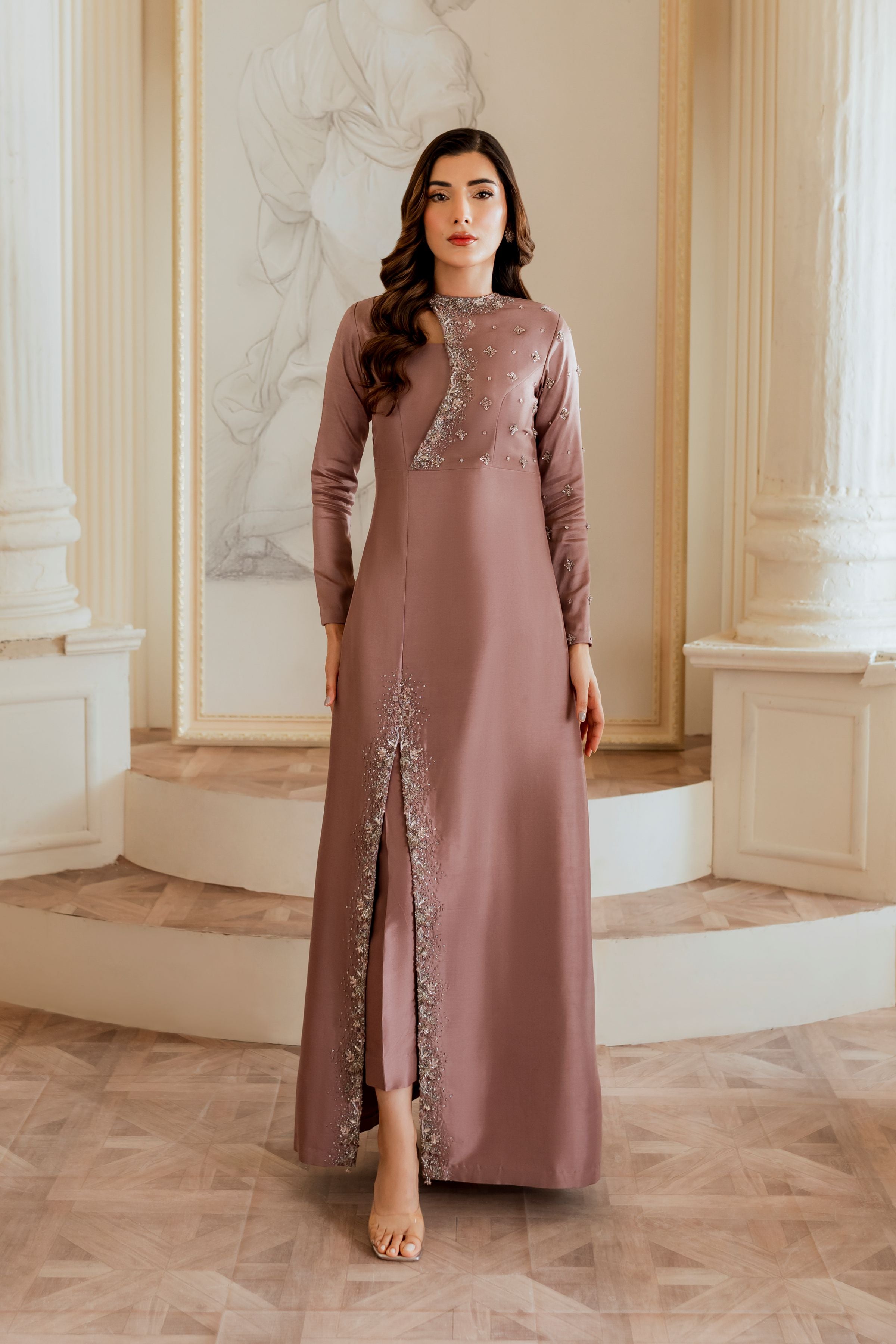 Pakistani Mauve Hand Embellished Pure Raw Silk Long Dress (2-Piece) - Image 6