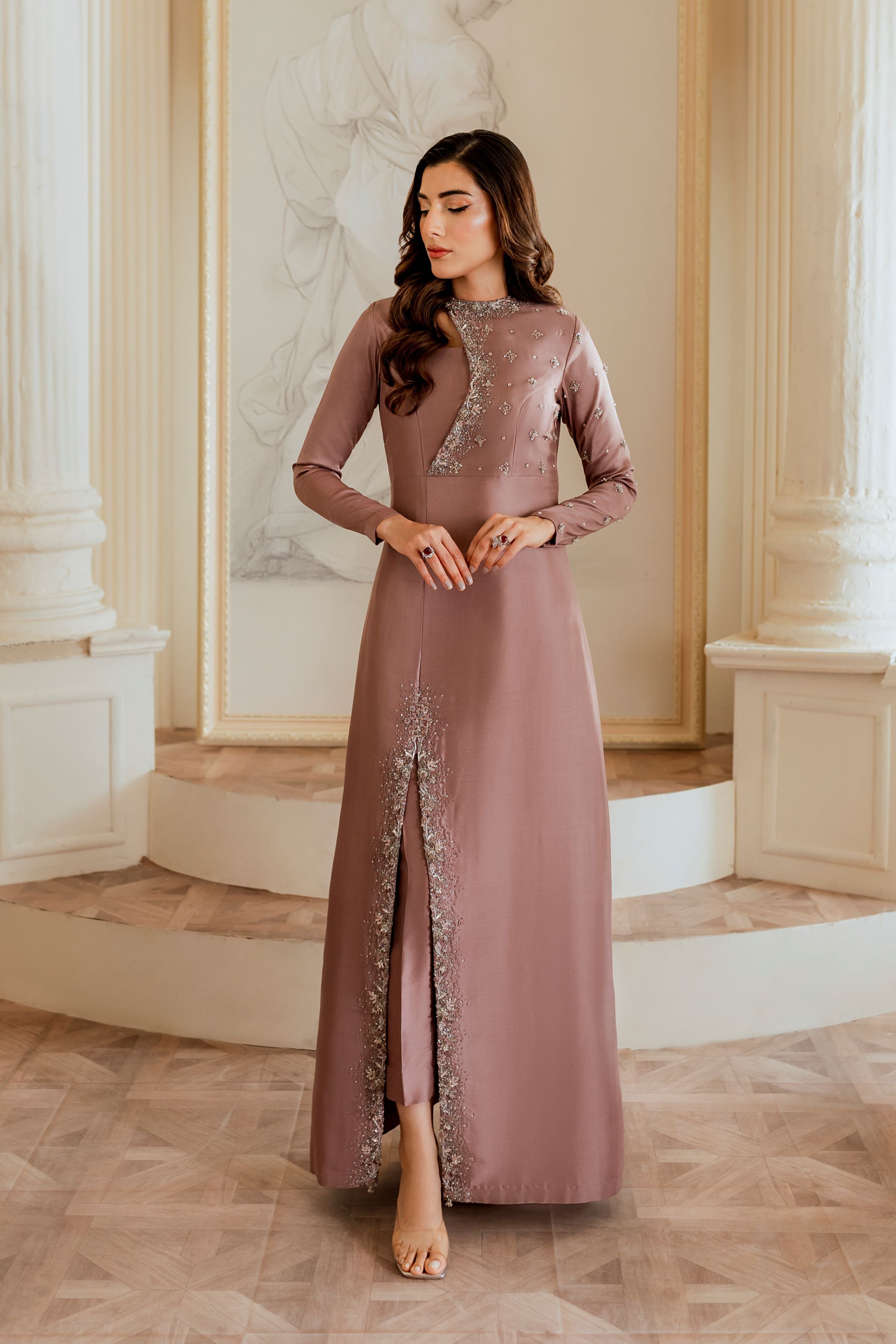 Pakistani Mauve Hand Embellished Pure Raw Silk Long Dress (2-Piece) - Image 7
